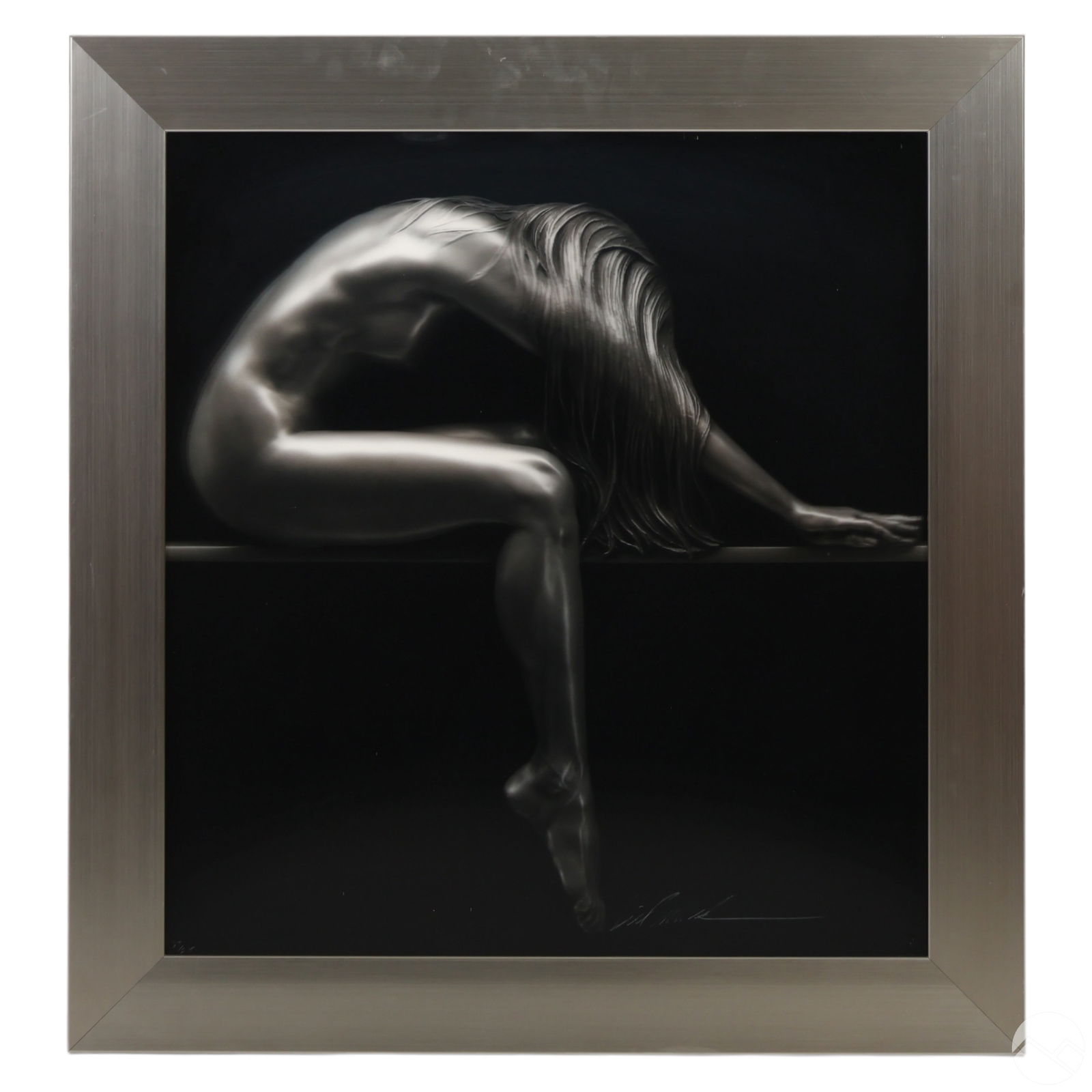 Bill Mack b.1944 Elusive Nude Virtual Wall Relief: Bill Mack (American, born 1944). A limited edition hologram art print. Titled, "Elusive". A virtual relief produced circa 2007. A seated nude female with arms outstretched, and her face obscured by he