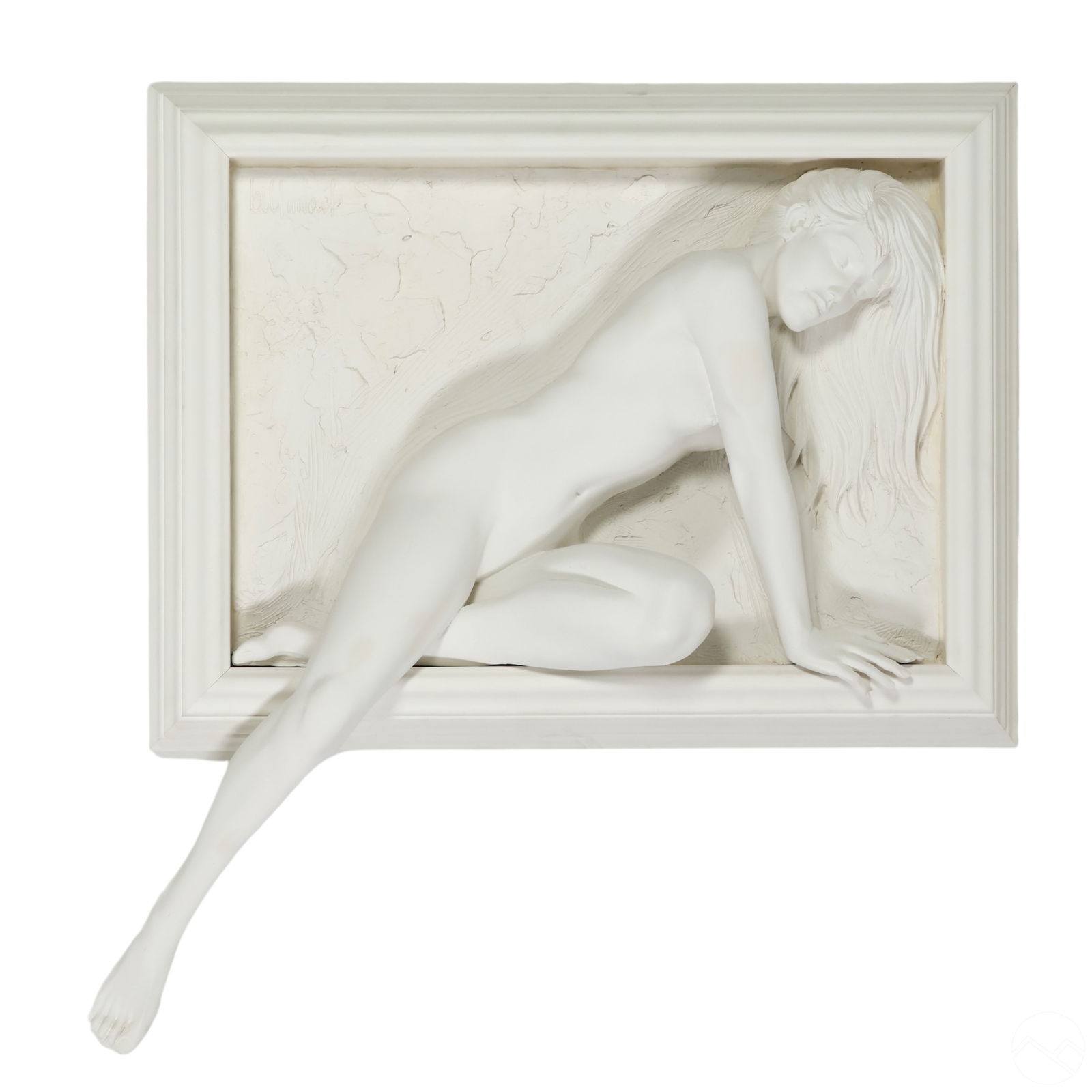 Bill Mack b.1944 Modern Nude Sand Relief Sculpture: Bill Mack (American, born 1944). A bonded sand wall art statue. A kneeling nude female in a sensual pose. Artist impressed signature to upper left. Presented in a fitted decorative white frame. Work S