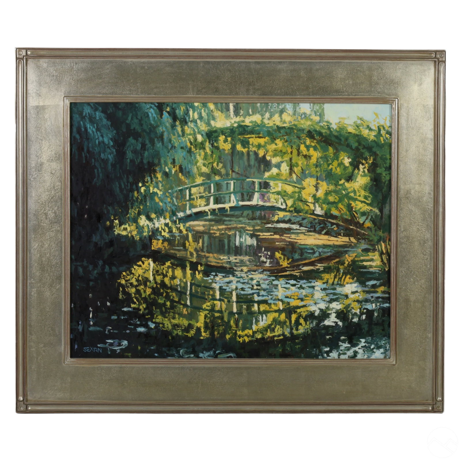 Colette Sexton 20C. Landscape Painting after Monet: Colette Sexton (American, born 1971). An original oil painting on board. Titled, "Water Lilies and Japanese Bridge." A colorful park landscape produced in the style of the 20th Century American Impres