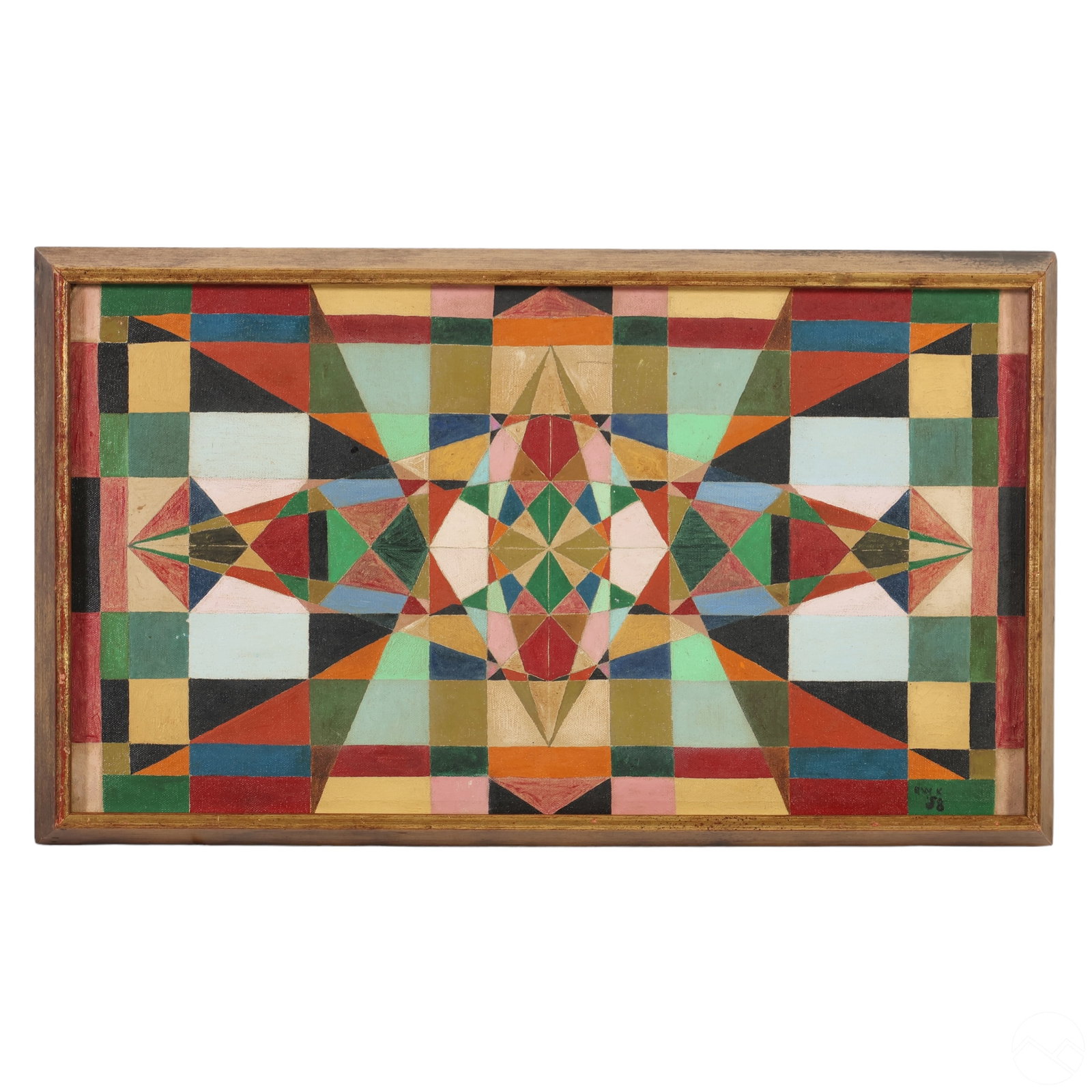 20C Modernist Geometric Cubist Oil Painting SIGNED: An oil painting on canvas. This colorful work, produced in a geometric Cubist style, features a series of conjoining polychromatic prismatic shapes and forms that evoke kaleidoscope patterns. Signed E