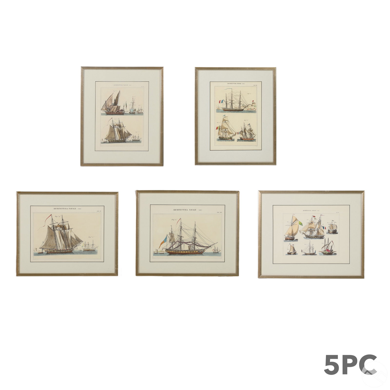 Italian Antique Naval Architecture Etchings 5p LOT: A five (5) piece estate lot of antique Italian color engraved etchings on Arches style paper with borders, titled "Architettura Navale (Navi)" ("Naval Architecture: Ships"). This set features a series