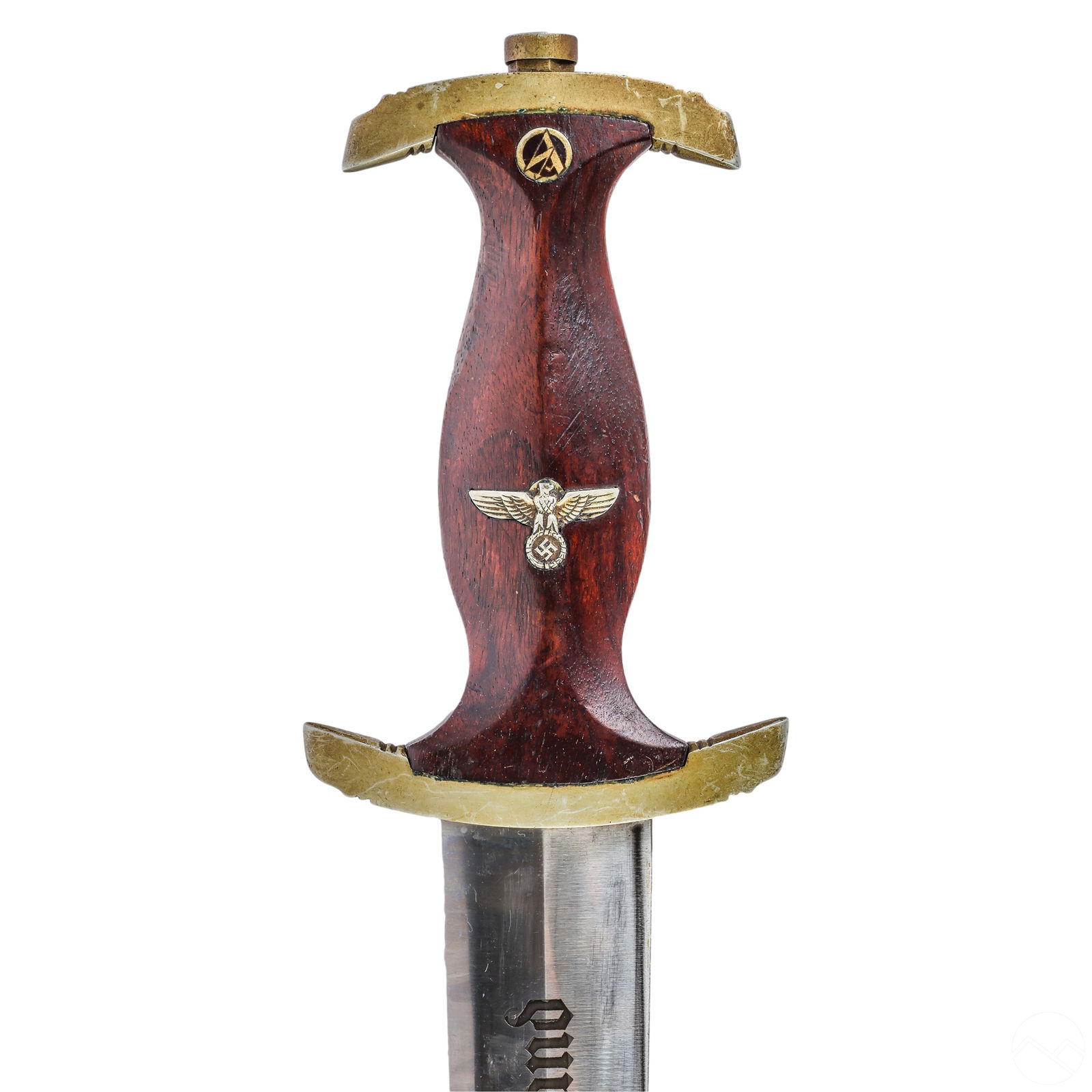 German WWII SA Dagger C.G. Haenel Suhl with Sheath: A WWII German SA dagger knife with sheath, crafted by C.G. Haenel, Suhl. It features a reddish-brown wood grip with eagle swastika insignia and an enamel SA insignia on one side. The steel blade is en
