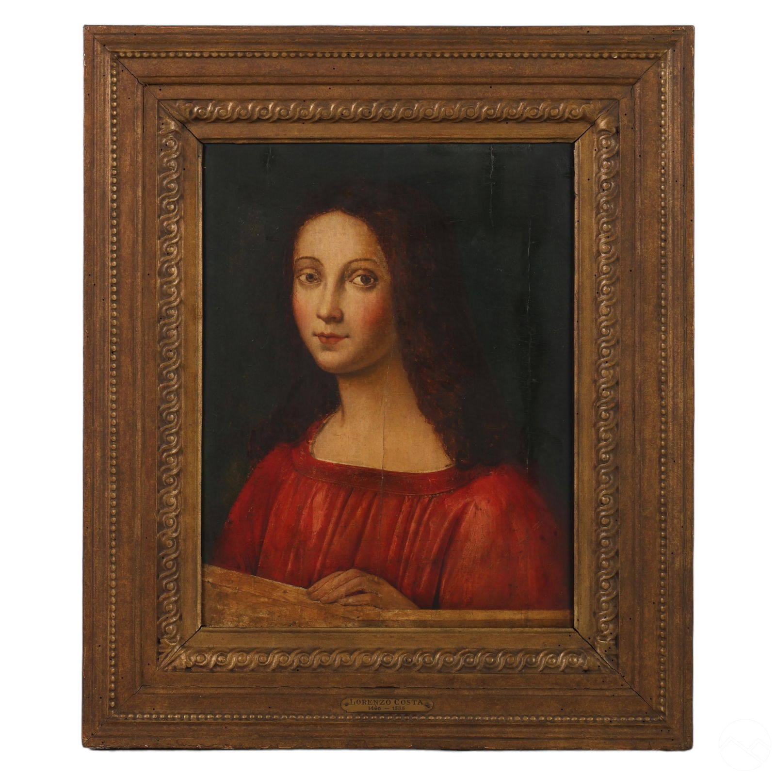 Antique Portrait Painting Manner of Lorenzo Costa: An antique 15th-century style tempera painting on a wood panel in the manner of Renaissance painter Lorenzo Costa (Italian, 1460-1535). Portrait depicts a youth with long auburn hair, wearing a red go