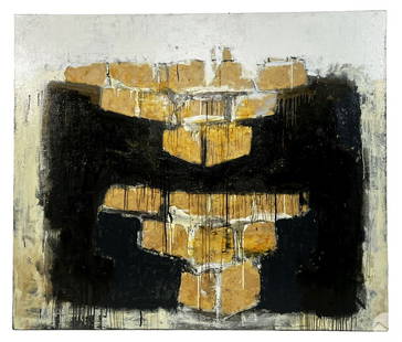 Paul Manes b1948 Silurian Mixed Media Oil Painting: Paul Manes (American, born 1948). An abstract mixed media and oil painting on canvas titled "Silurian," circa 1990s. The work is hand-signed and titled on the verso. It is unframed and mounted on a wo