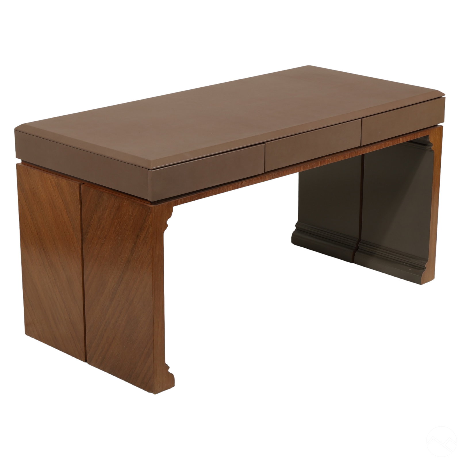 John Saladino Designer Baker Minimalist X Desk: A Baker Furniture "Saladino Desk" featuring a solid wood frame veneered with a gray top, three drawers with metal pulls, and a metal crossbar. The desk retains the oval BAKER FURNITURE medallion affix