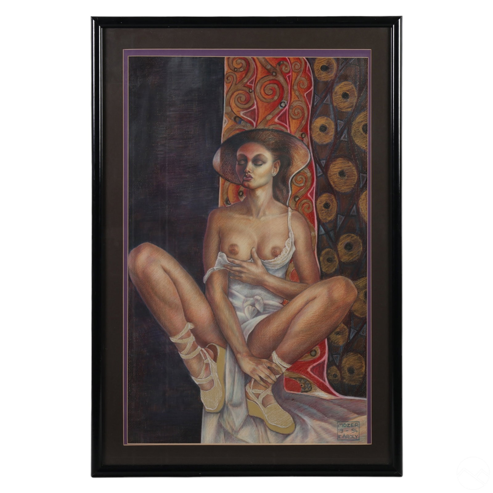 Karoly Mozer 20C. Semi Nude Figural Pastel Drawing: Karoly Mozer (20th Century). An original pastel drawing on Arches paper. A figural interior scene depicting a seated semi nude female figure concentrating on the elements of her body. Artist signed an