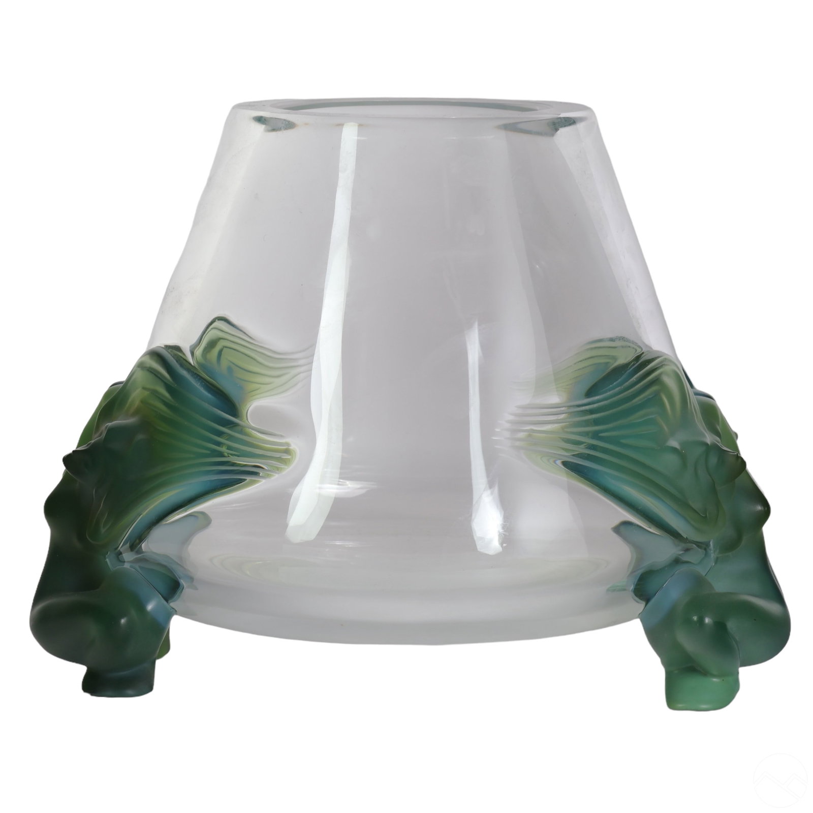 Lalique Crystal Frosted Green Nude Antinea Vase: A Lalique Antinea French crystal vase featuring a thick clear body flanked by two opalescent frosted green figural flowing hair nude Bacchantes. The underside is etched with the mark "LALIQUE FRANCE."