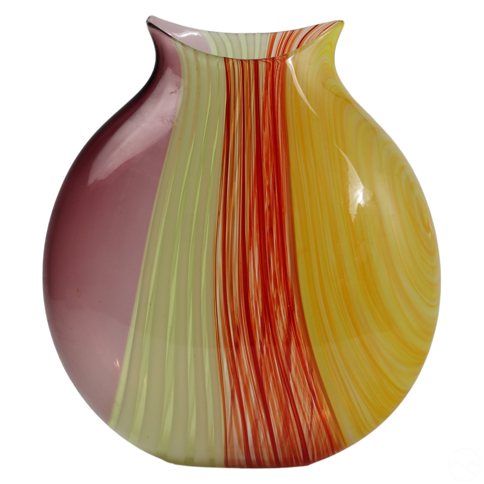 Kokomo Opalescent KOG Studio Art Glass Pillow Vase: A vintage studio art glass pillow vase produced by Kokomo Opalescent Glass (KOG) in Kokomo, IN. It features a narrow flared rim surmounting a large bulbous to narrow body in a vertically striped to sw