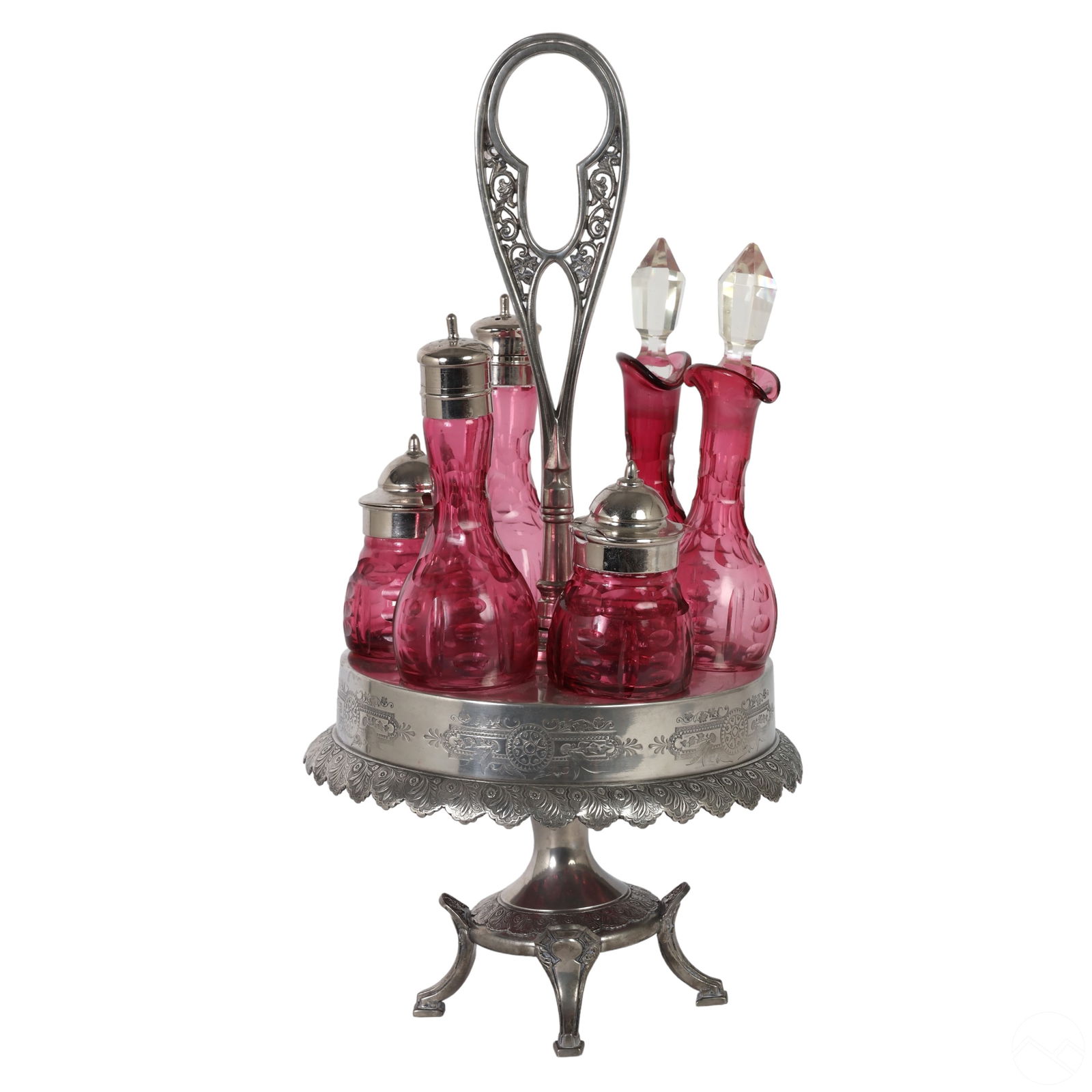 Victorian Silverplate Cranberry Glass Cruet Set (1 of 7)