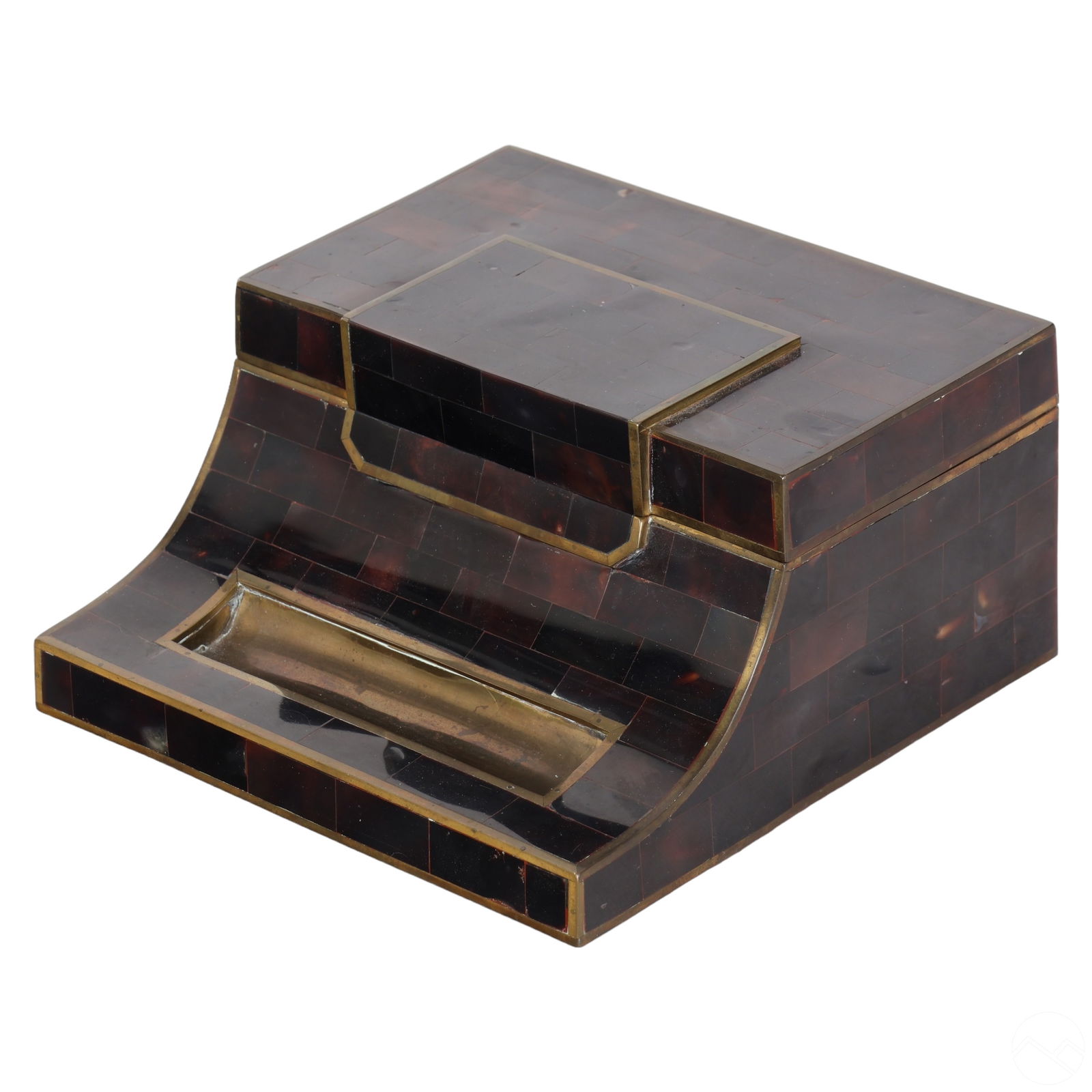 Maitland Smith Tessellated Penshell Desk Pen Box: A vintage Maitland Smith secretary box featuring a sloped front design covered in rich brown penshell, complemented by well-patinated brass accents on the pen tray and edging. Opening to reveal a wood