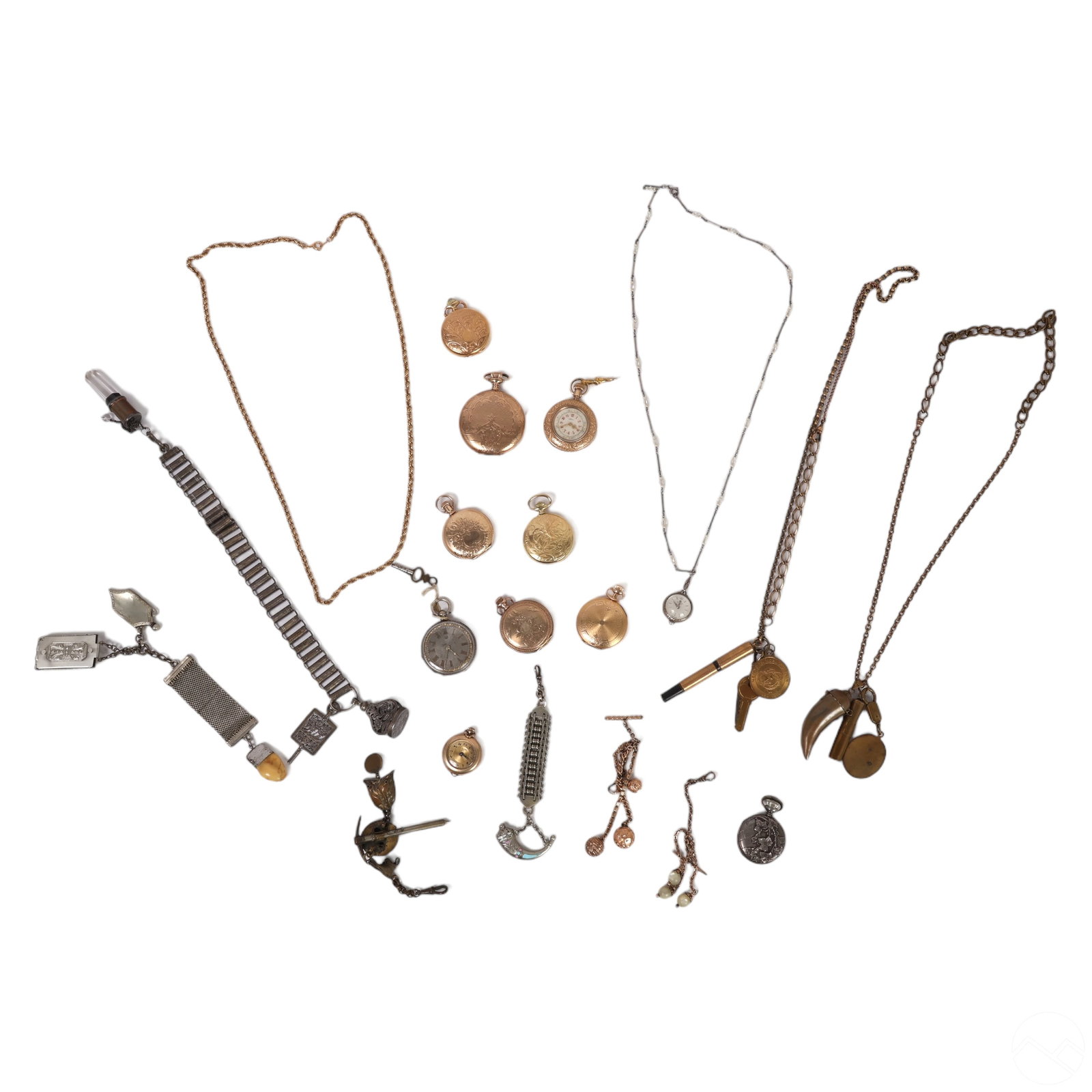 Antique Pocket Watch Fob and Chatelaine ESTATE LOT: An estate collection comprised of antique and Victorian pocket watches, watch fobs, and chatelaine style charms featuring various makes and designs in gold-filled, silver, and silverplate. The lot inc