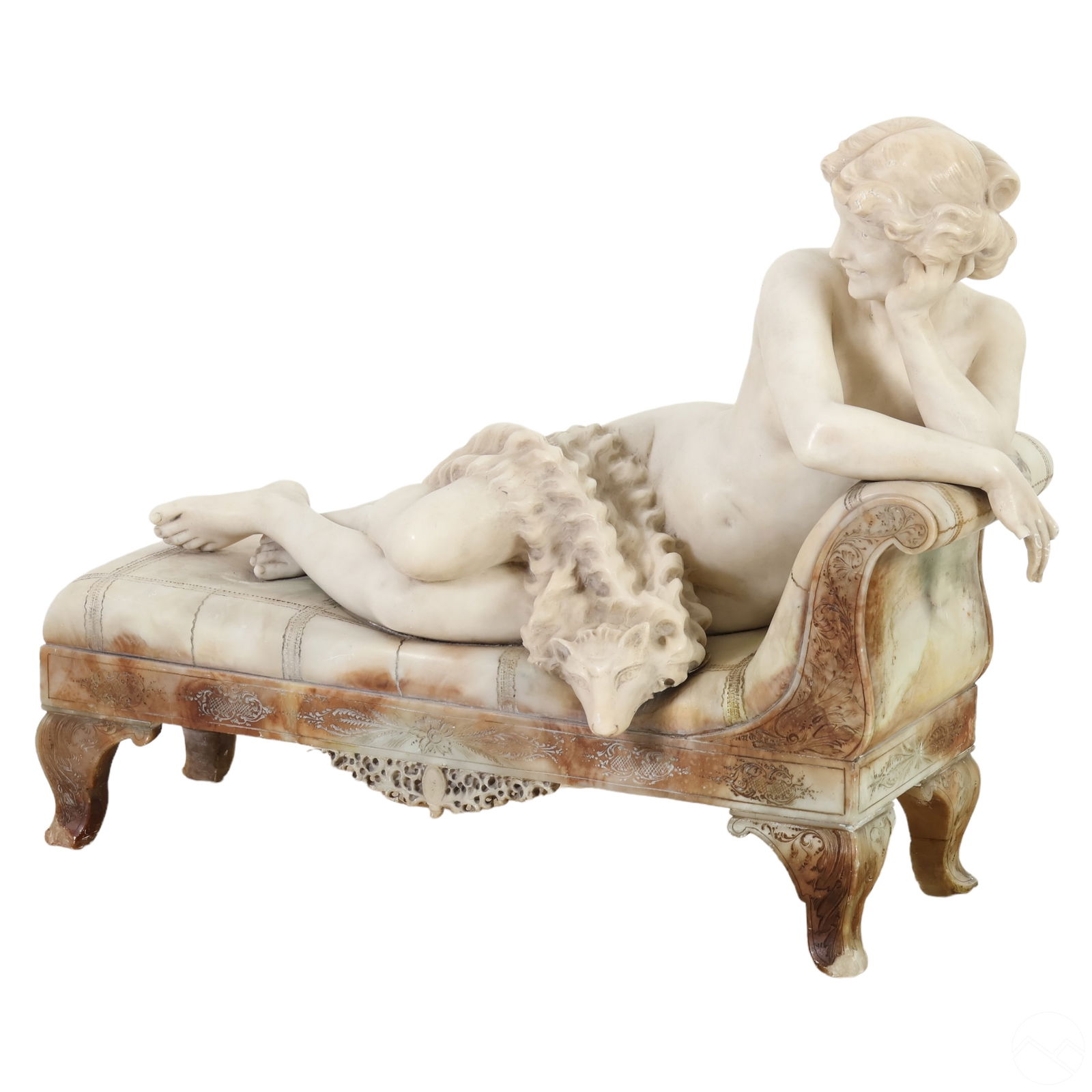 Antique Lounging Nude Alabaster Sculpture SIGNED: An antique carved alabaster statue in the Art Nouveau style, featuring a semi-nude female reclining on a daybed sofa with a fox fur draped across her waist and etched details throughout. The piece has