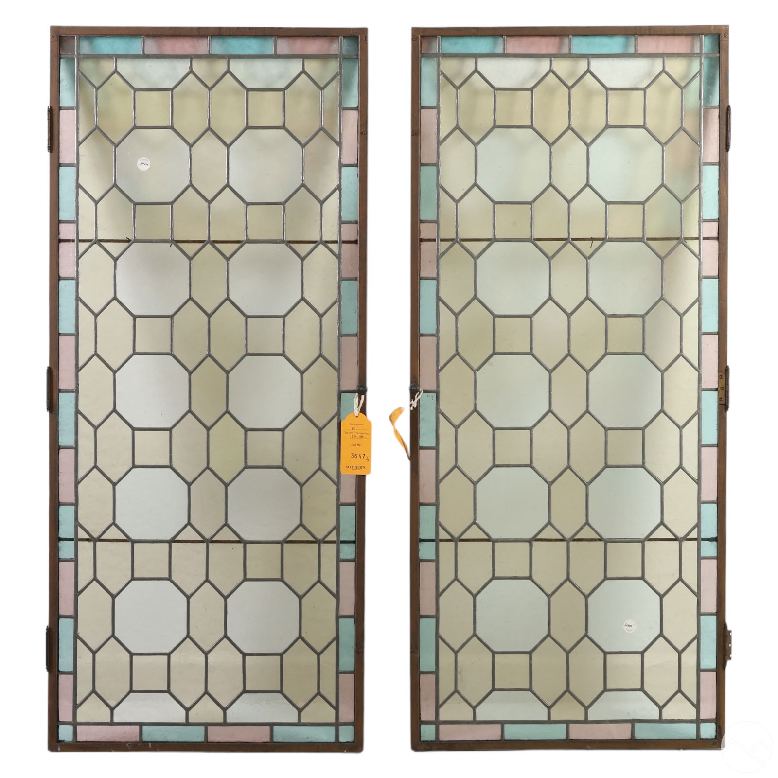 Antique Pair Stained Glass Panels W/ Sotheby's Tag (1 of 14)