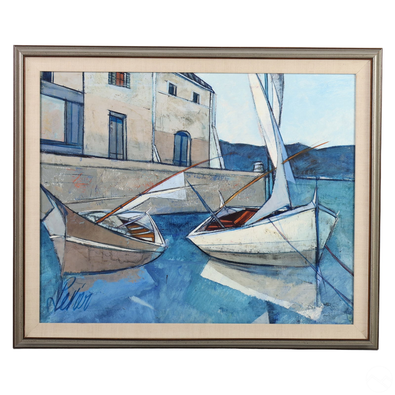 Charles Levier 1920-2003 French Seascape Painting: Charles Levier (French, 1920-2003). An original oil painting on canvas depicting a blue-toned serene seascape scene of anchored boats in the artist's iconic style. Signed lower left. Presented in a si