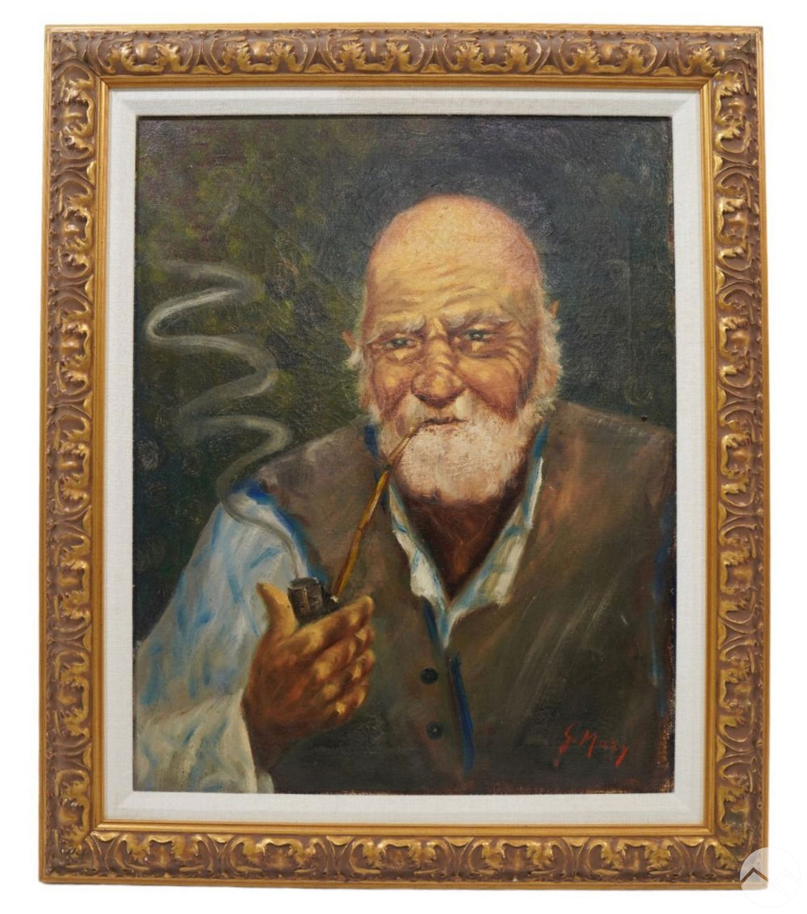 S. Mazy Bearded Man Smoking a Pipe Oil Painting: 20th-century oil painting on canvas depicting a portrait of an elderly bearded gentleman smoking his pipe. The painting is hand-signed in the lower right and titled "Ruben Finke" on the stretch bar. P
