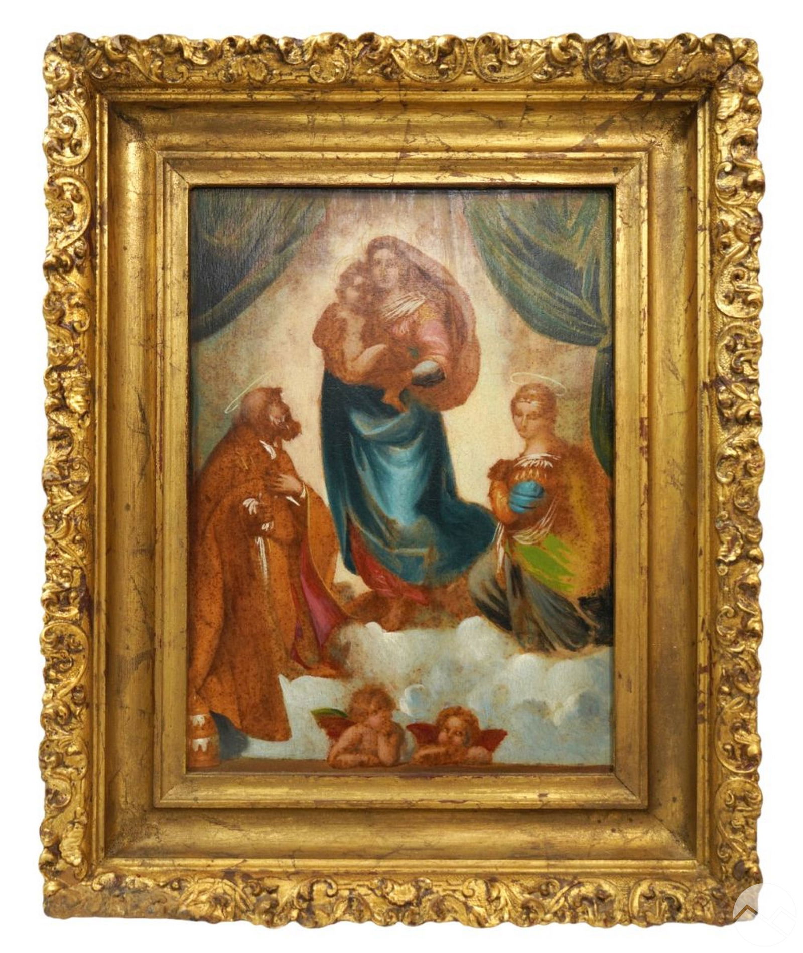 Antique Religious Painting on Board after Raphael: Antique oil painting on board titled "The Sistine Madonna" after Raffaello Sanzio da Urbino/Raphael (Italy, 1483-1520). The original was commissioned by Pope Julius II and belongs to the Gemäldegaler
