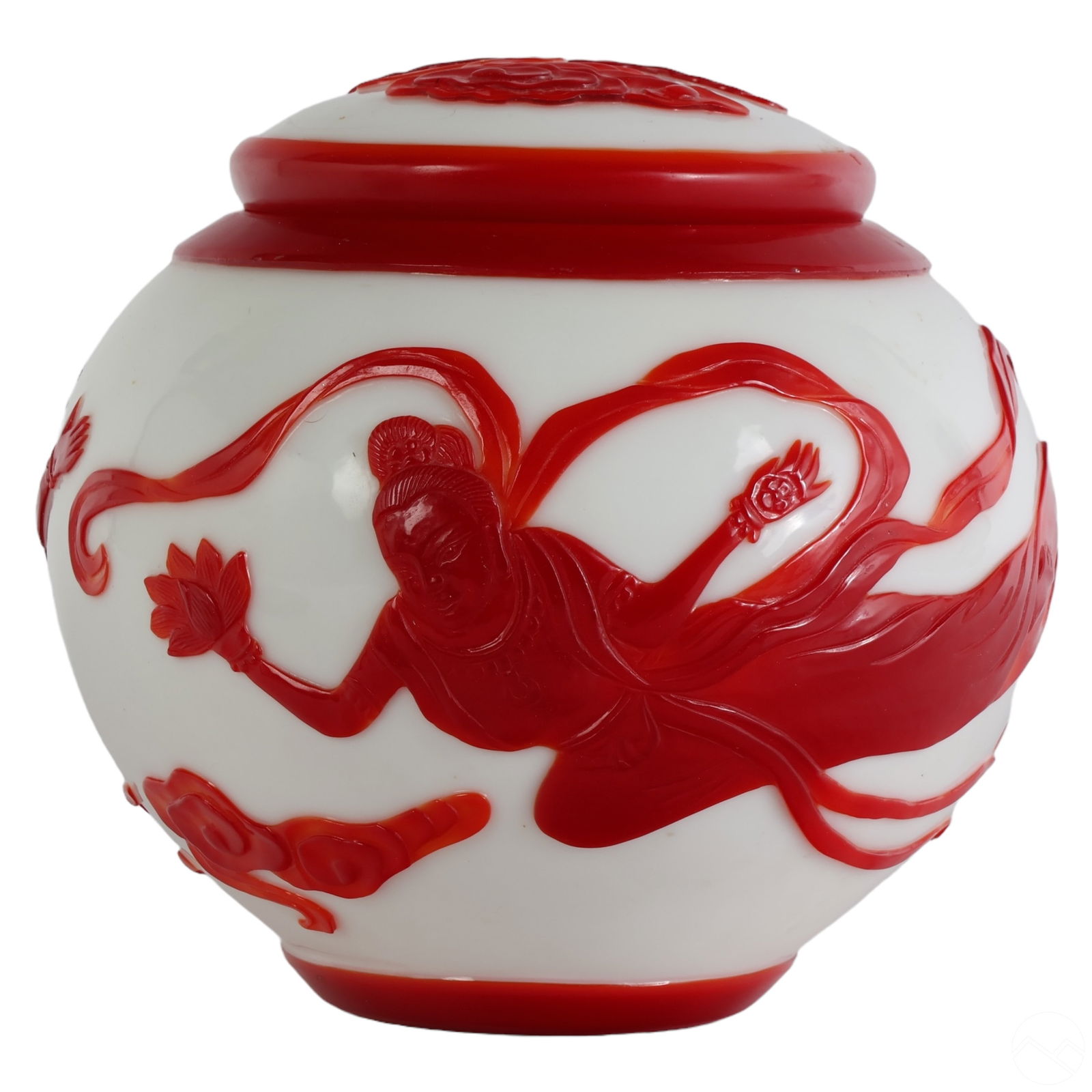 Chinese Red & White Peking Art Glass Immortals Jar (1 of 5)
