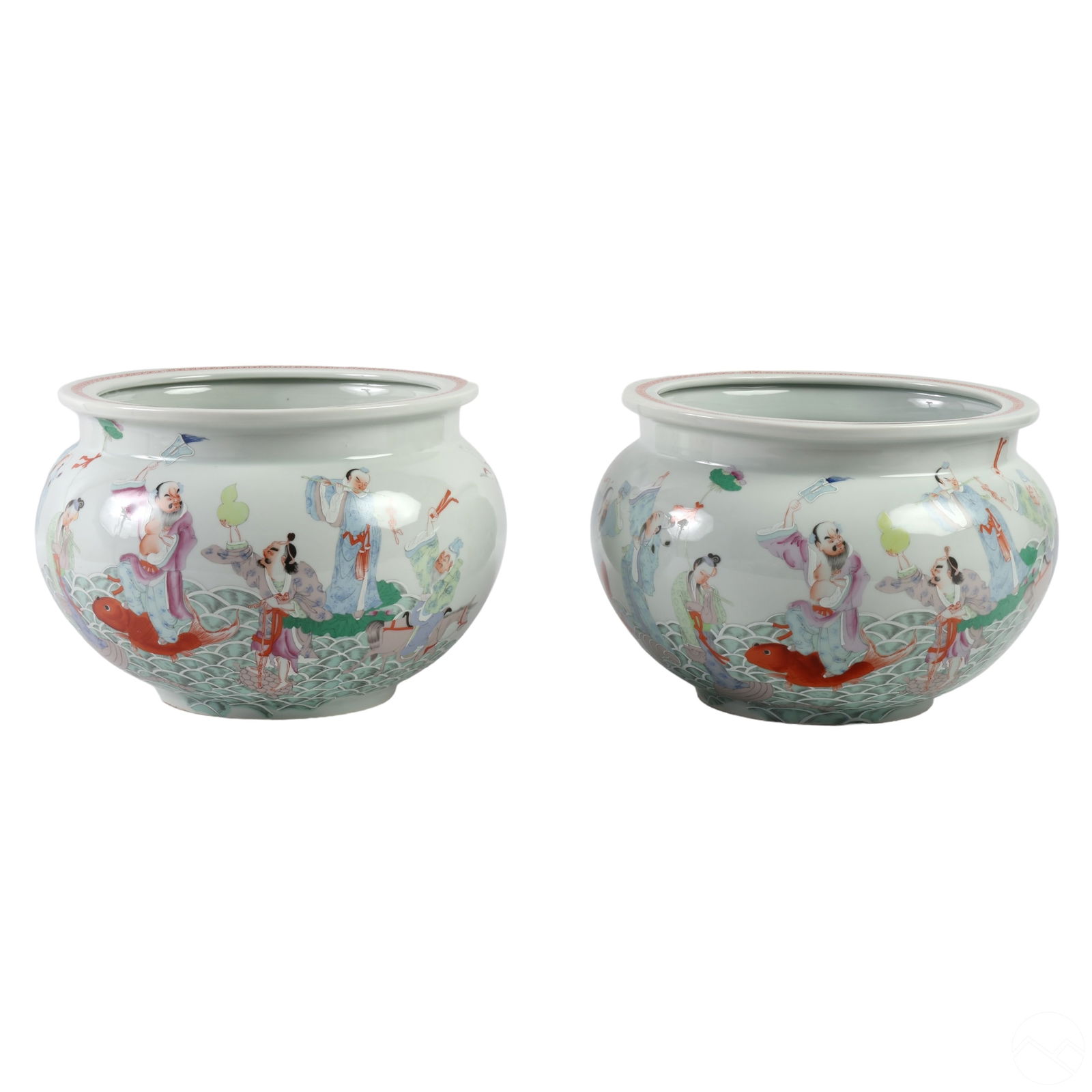 Chinese Pair Handpainted Fishbowl Jardiniere Pots (1 of 6)