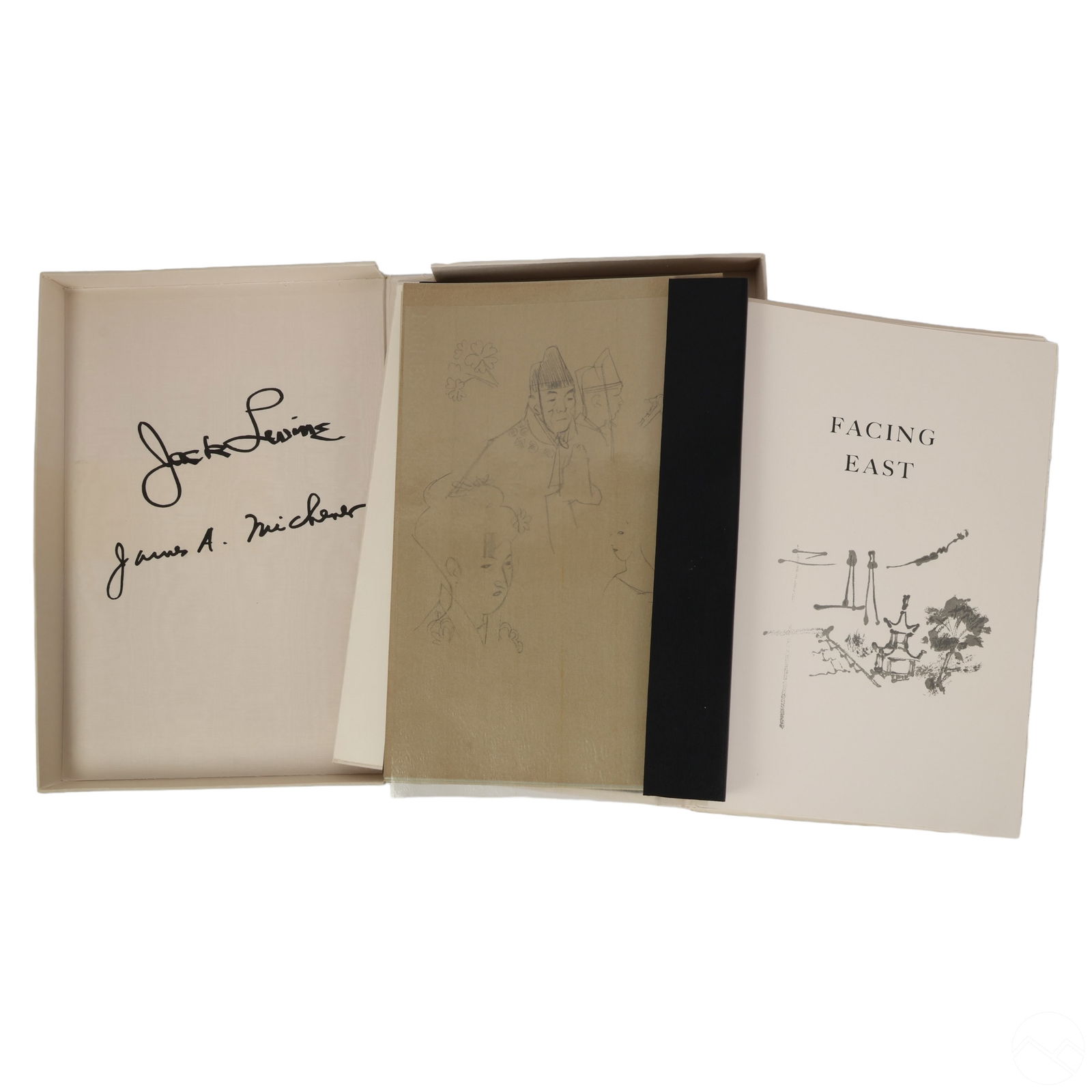 Levine & Michener Facing East Woodcut Suite SIGNED: A vintage art suite of woodcut and lithograph prints on paper titled "Facing East," signed by American artist and printmaker Jack Levine (1915-2010) and Pulitzer Prize-winning American author James A.