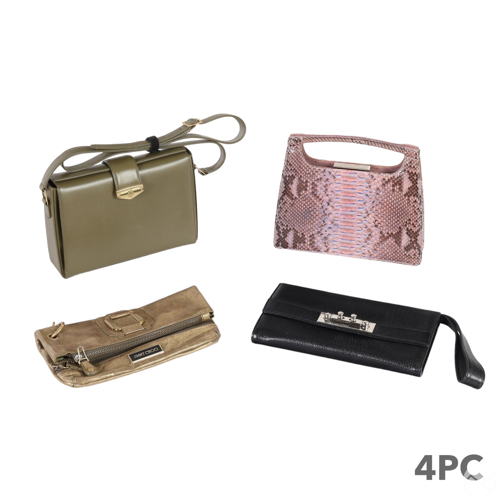 Jimmy Choo Chloe Mark Cross Tanner Krolle Bag LOT: An estate lot of four luxury designer handbags includes a Jimmy Choo metallic gold leather flap clutch, a Chloe black leather front flap clutch with chrome metal snap closure, a Mark Cross sage green