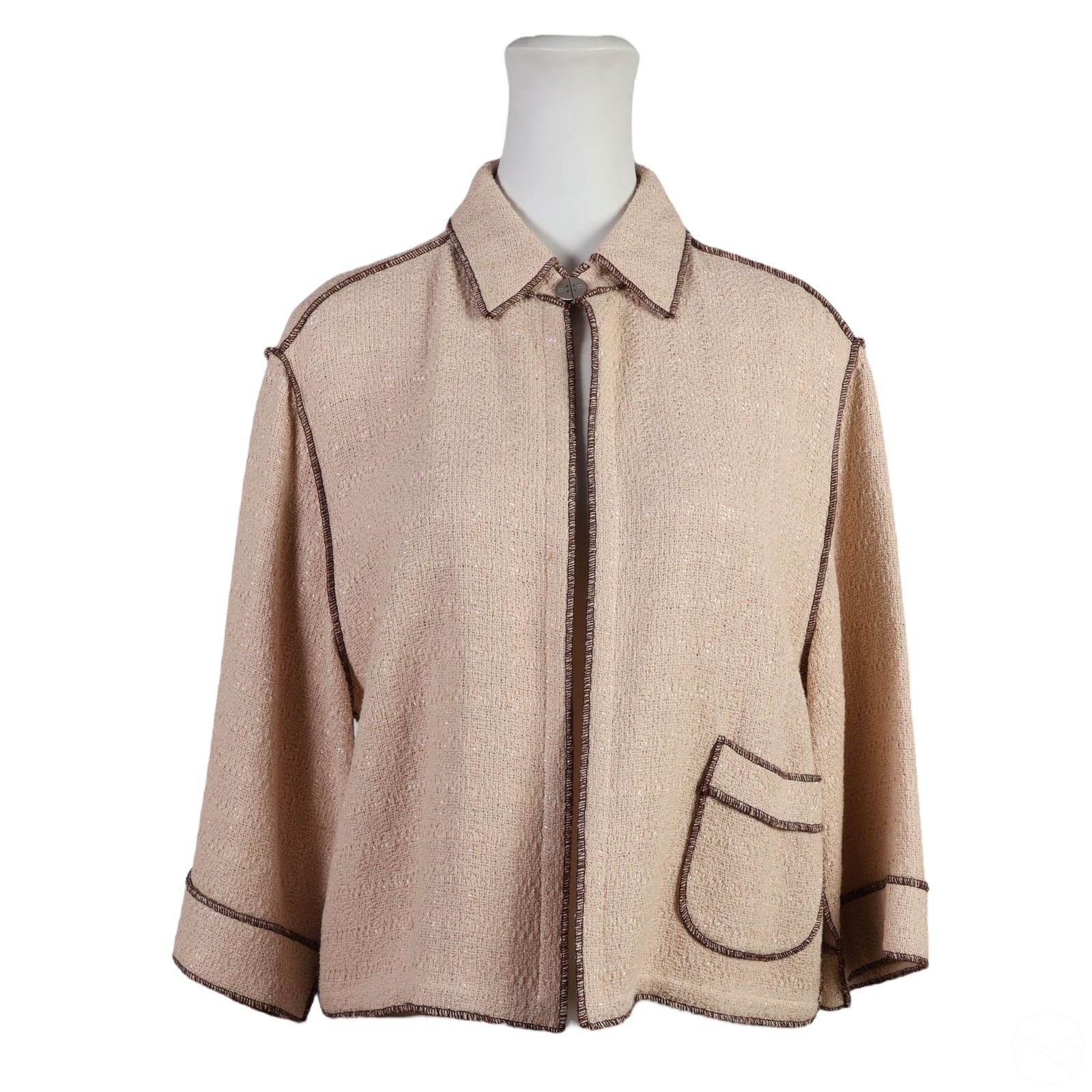 Chanel Pink Brown Trim Cotton Tweed Jacket Sz 42 (1 of 6)