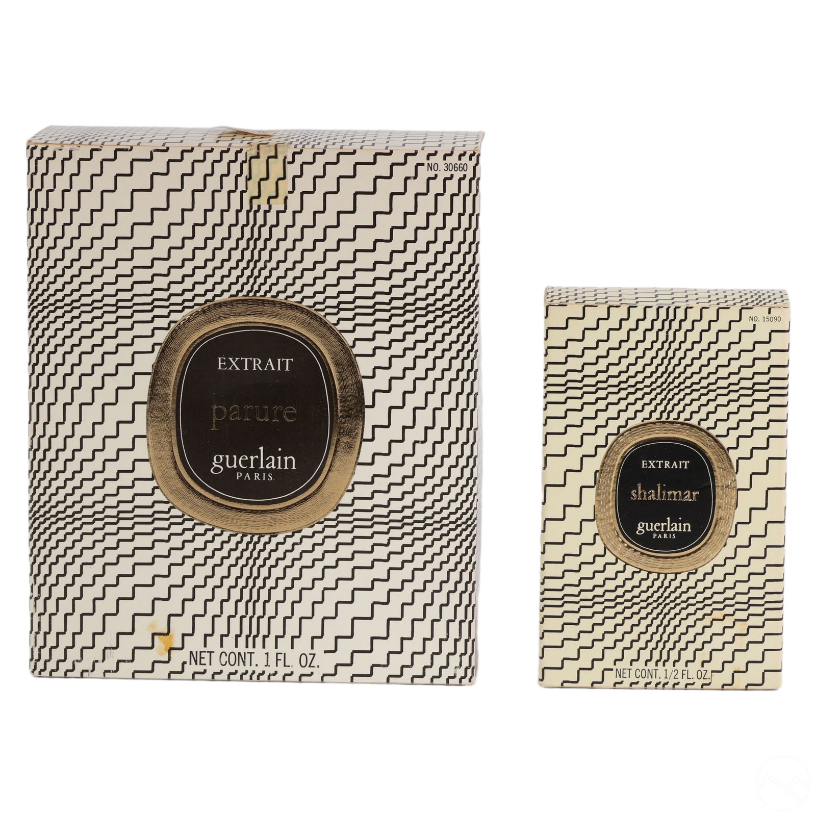 Guerlain Parure and Shalimar Extrait Perfumes LOT: An estate lot of two vintage French Guerlain perfumes, each sealed in its original box. The lot includes: (1) Shalimar EXTRAIT (1/5 oz.) and (1) Parure EXTRAIT (1 oz.). Both are in their original manu