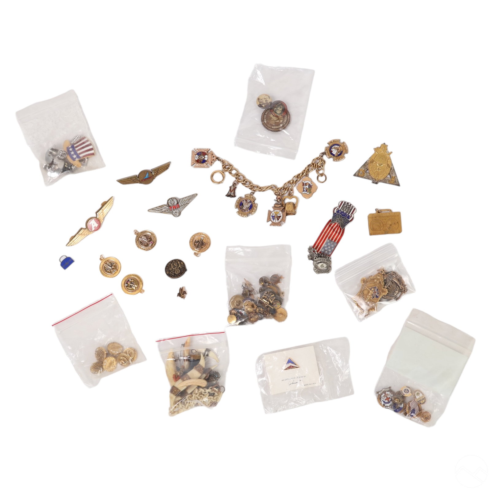 Antique Organizational Mason Pin Charm ESTATE LOT: An estate collection of assorted antique pins, pendants, and charms related to various fraternal organizations and political themes. Lot includes antique gold-filled mounted carved teeth pins, Victori