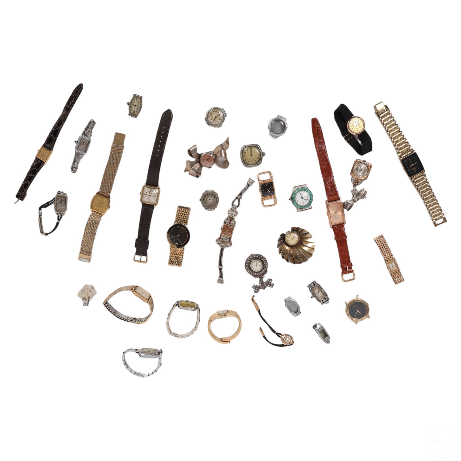Antique Ladies Watch and Watch Parts ESTATE LOT: An estate collection of vintage ladies' wristwatches, watch pins, and watch parts that span from antique to Art Deco eras. This collection features various makes and designs in gold-filled, silver, an