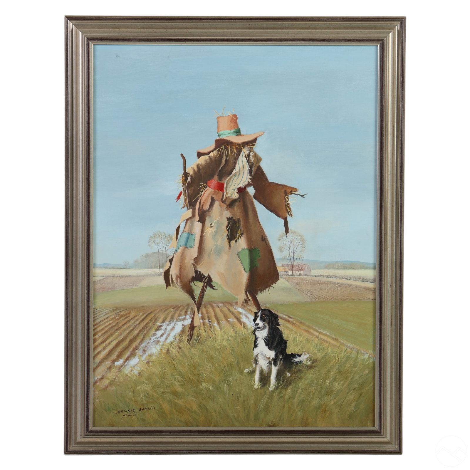 Dennis Ramsay 1925-2009 Scarecrow Oil Painting: Dennis Ramsay (English, 1925-2009). An original oil painting on board. This surrealist work depicts a scarecrow in a field with an attendant collie-type dog. The painting is signed and dated MMII in t
