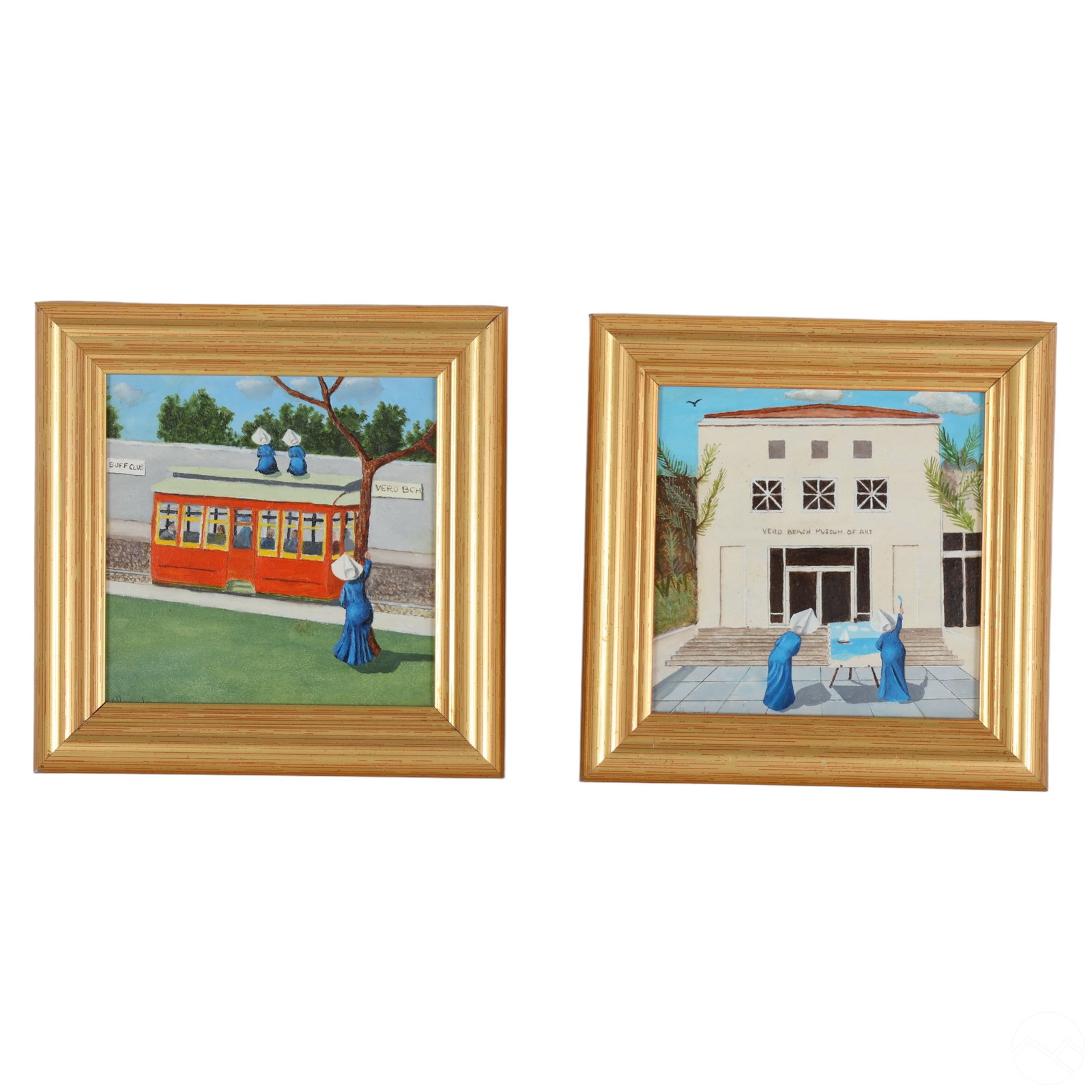 Frank Whipple 1923-2016 Wimple Nun Painting LOT: Frank Whipple (American, 1923-2016). Two original oil paintings on board depicting the artist's iconic "Whipple's Wimples" nuns. One painting depicts the nuns atop a streetcar peering into the nude se