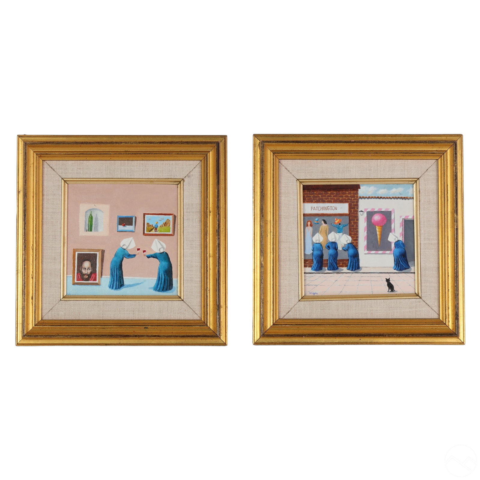 Frank Whipple 1923-2016 Wimple Nun Painting LOT: Frank Whipple (American, 1923-2016). Two original oil paintings on board depicting the artist's iconic "Whipple's Wimples" nuns. One painting shows the nuns being tempted by clothing and ice cream in