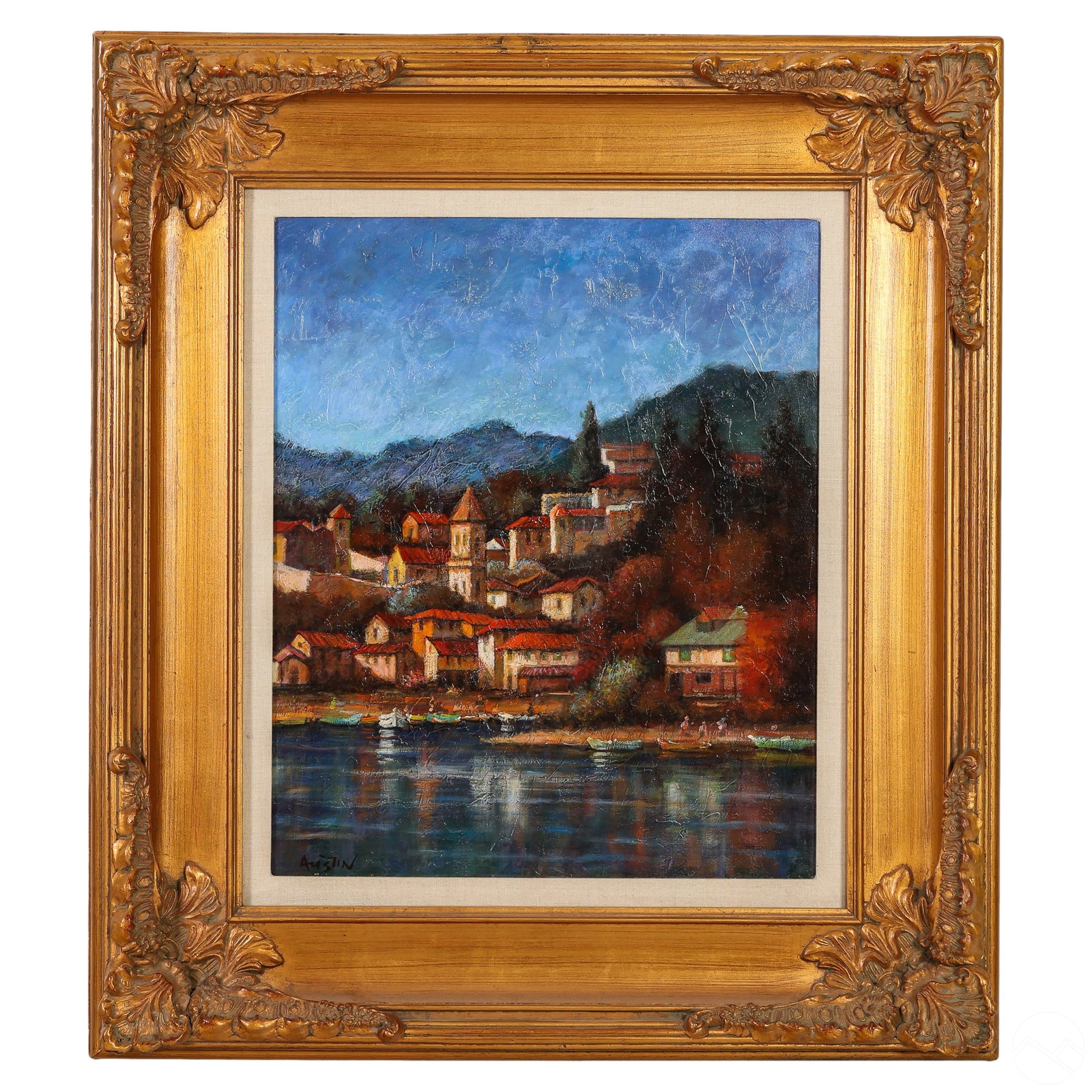 Mediterranean Village Landscape Painting SIGNED: A vintage oil painting on canvas depicting a mountainous coastal village with terracotta-covered architecture, featuring a line of beached fishing boats and figures. The artist's signature, "AUSTIN," 