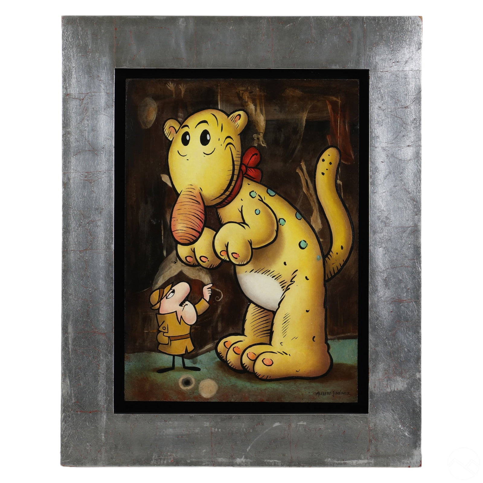 Alfredo Jimenez 20. Pop Art Illustration Painting: Alfredo Jimenez (Mexican, born 1954). An oil painting on board titled "The Inspector and Eugene the Jeep." This whimsical animated work features characters: the Inspector, inspired by American animato