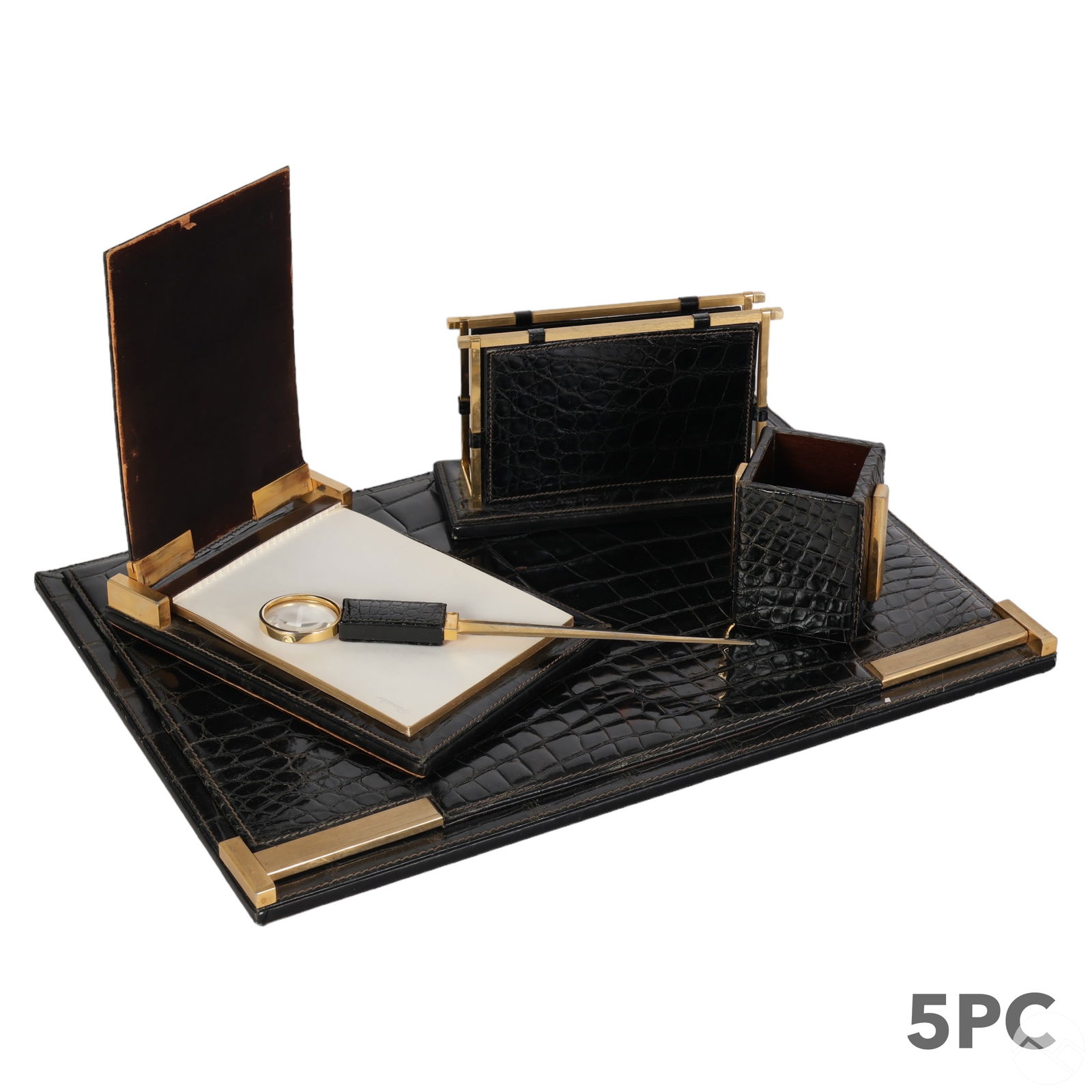 Pineider Italian Embossed Leather 5pc. Desk Set (1 of 8)