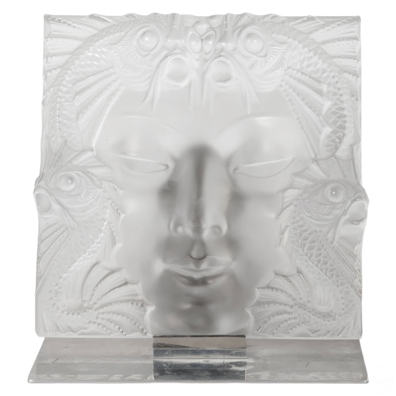 Lalique French Crystal Masque de Femme Sculpture: A Lalique French crystal plaque titled "Masque de Femme." Features an Art Deco face of a female and stylized dolphin fish, with a frosted and polished finish. Incised maker's mark "LALIQUE FRANCE." Pr