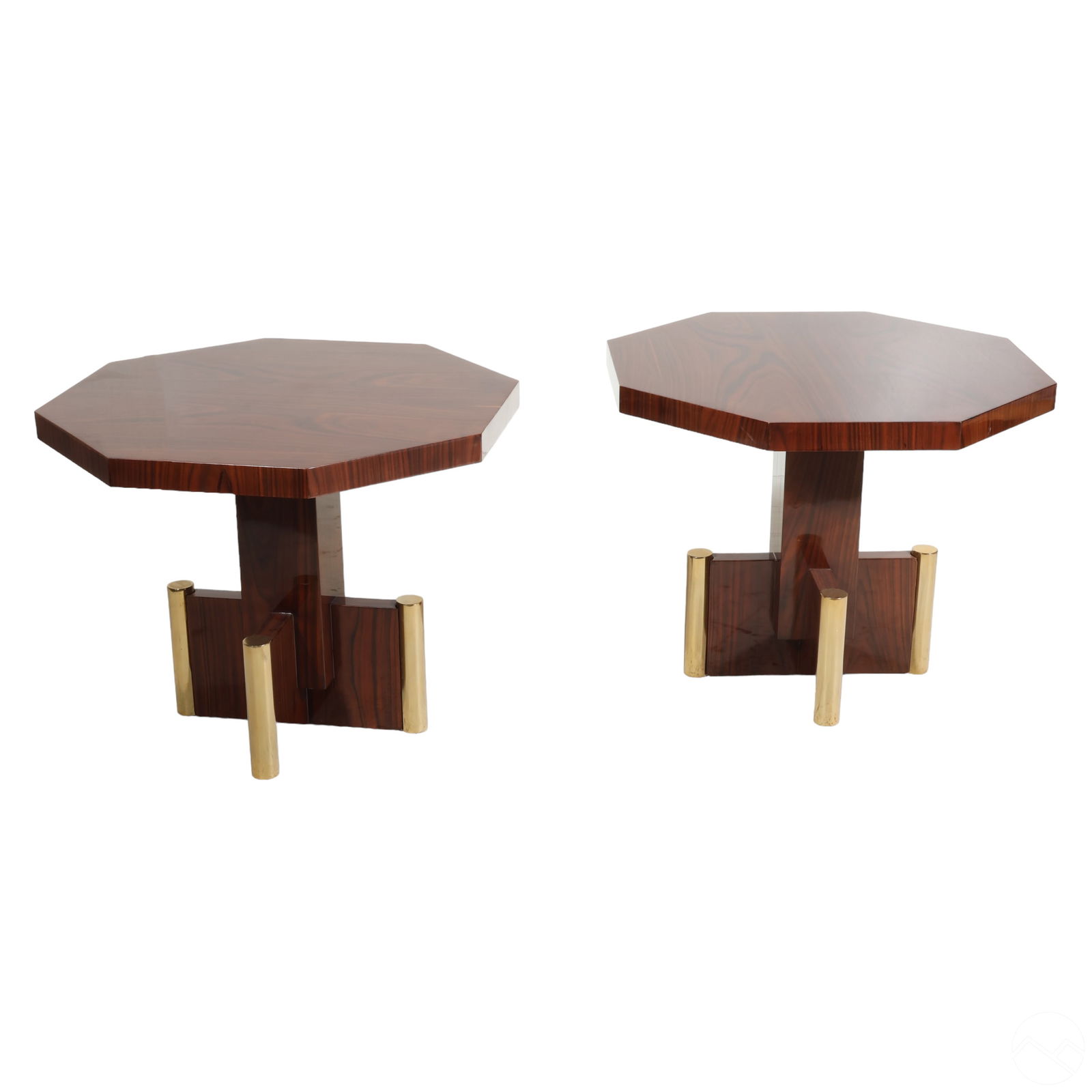 Pair of Andre Sornay Style Deco Wood Brass Tables: A pair of French Art Deco Moderne wood occasional end tables in the style of Andre Sornay. They feature a heavy lacquered finish with a hexagonal-shaped top and an X-shaped base accented by polished b