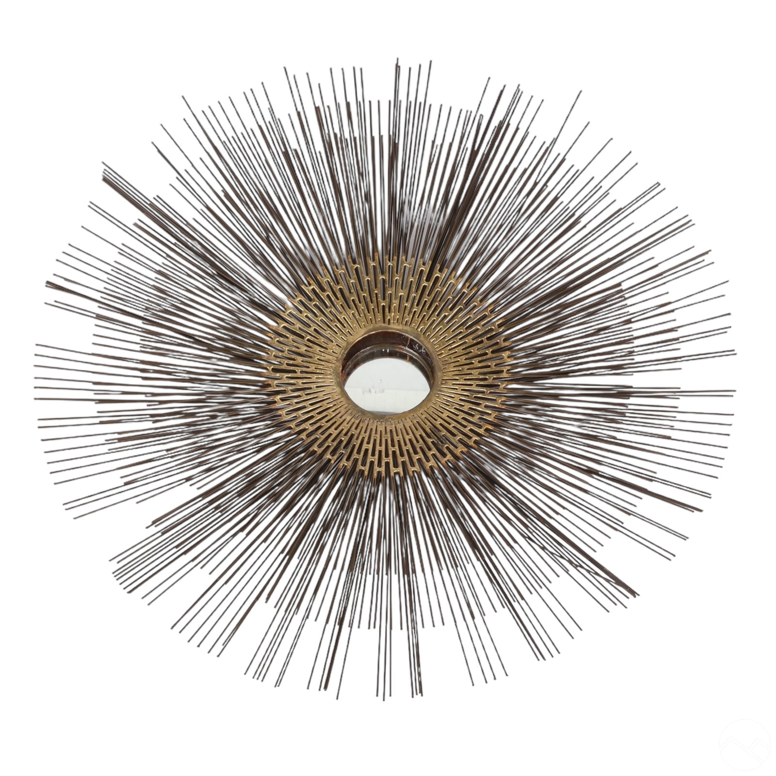 Brutalist Steel Sunburst Mid Century Mod Sculpture: A Brutalist mid-century modern sunburst sculpture featuring gilded and natural metal rays extending beyond the center mirror in a triple configuration. No apparent maker's marks. Dimensions: 30 X 30 X