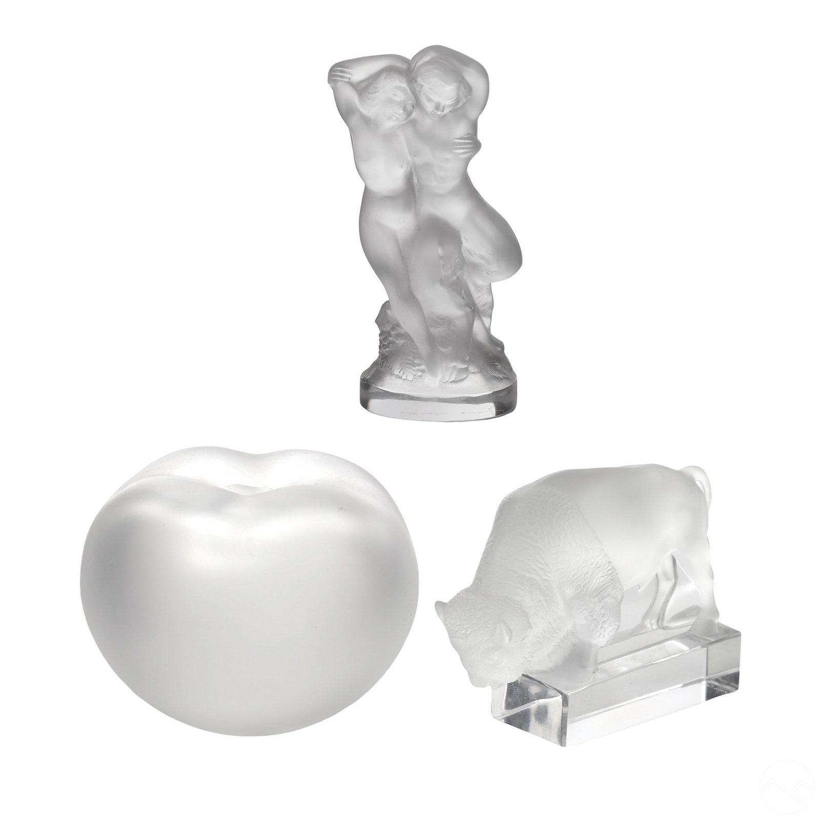 Lalique Crystal Perfume Bottle & Figurine 3pc LOT: A three (3) piece estate lot comprised of Lalique French crystal. Includes: one (1) Grande Pomme pattern large frosted apple form perfume scent bottle, with original LALIQUE CRISTAL PARIS label affixe