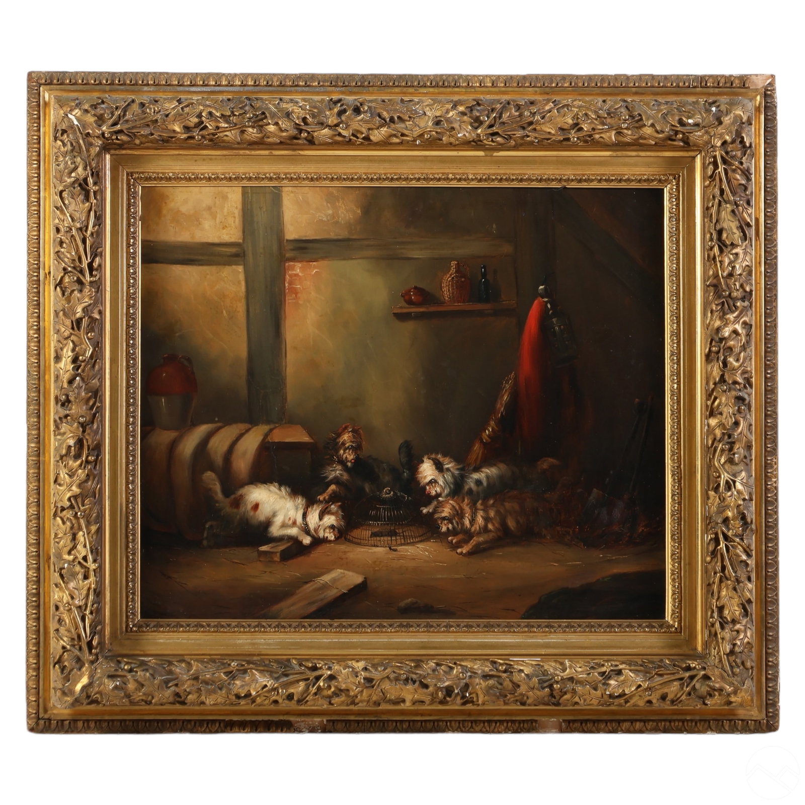 Antique Terrier Dogs Hunting Rats in Barn Painting (1 of 6)