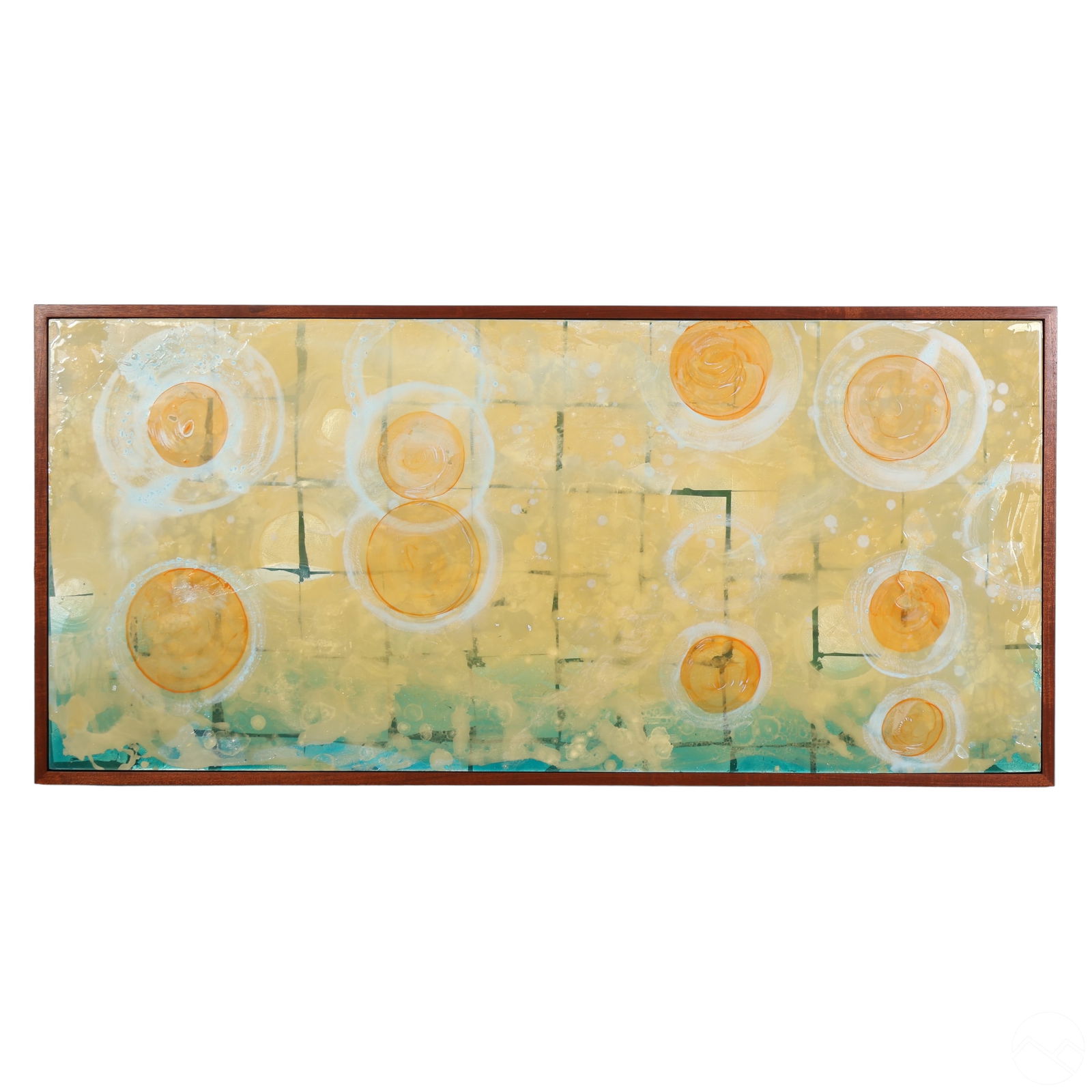 Erin Parish b.1966 Modern Abstract Sphere Painting: Erin Parish (American, born 1966). An original mixed media oil painting on resin/panel titled "Saltwater Expectation." A luminous, ethereal abstract depicting varied sphere forms in a soft palette of