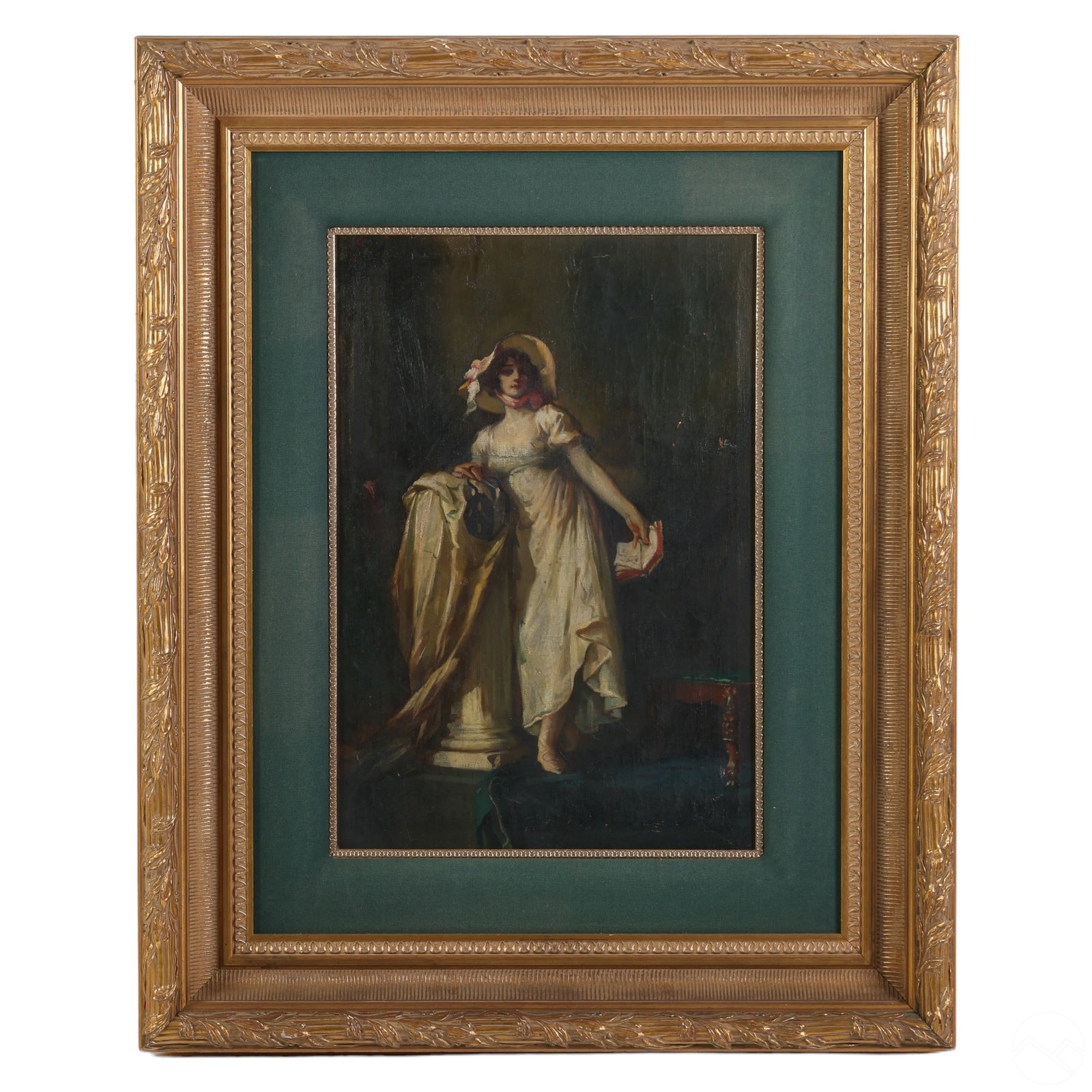 19C Portrait of Lady in a White Dress Oil Painting: This antique oil painting portrays a young lady in a flowing white dress with a bonnet, holding a book in one hand and a masquerade mask in the other, standing gracefully next to a pedestal. The artwo