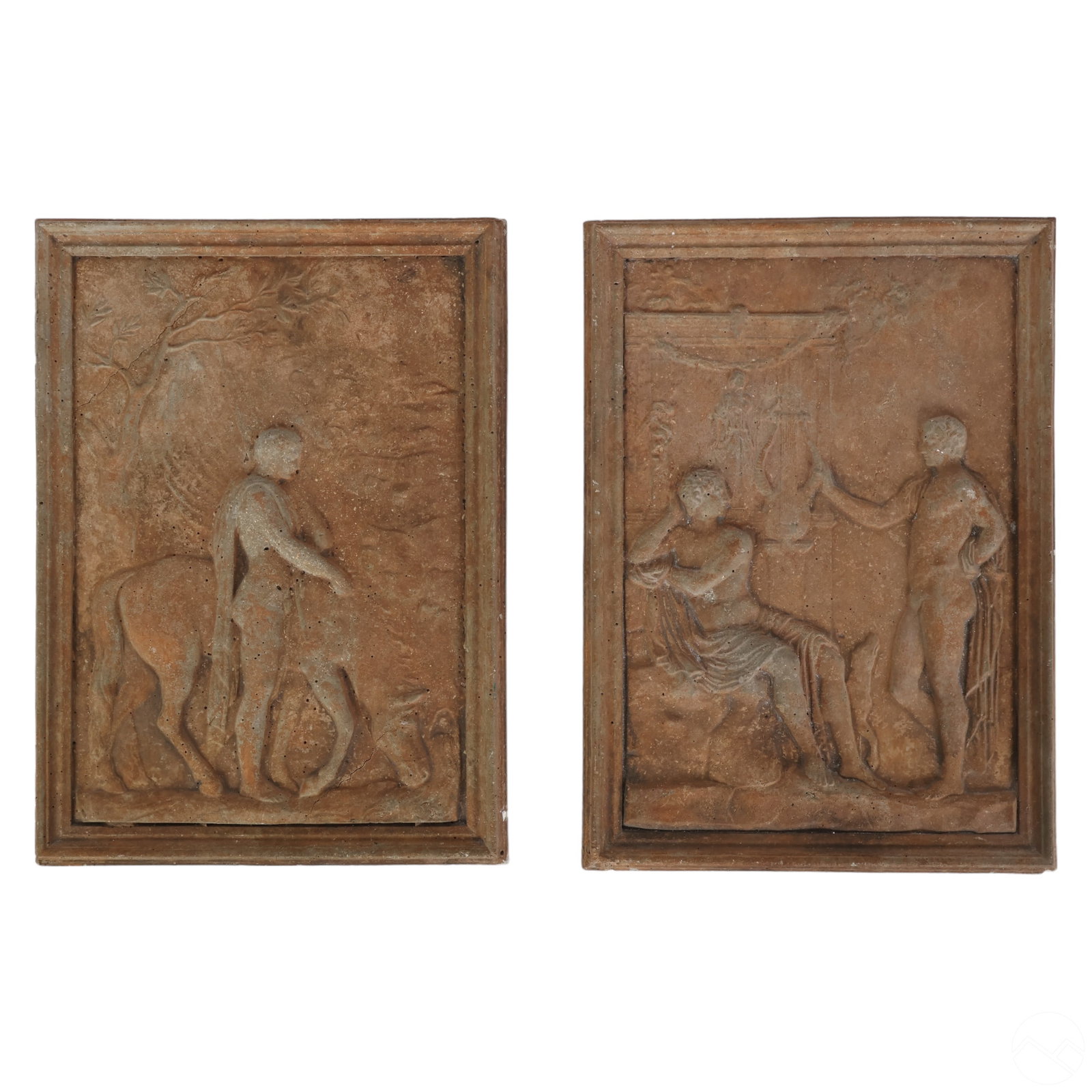Carl Milles Style Antique Terracotta Plaques LOT: Two antique terracotta pottery plaques produced in the style of Swedish sculptor Carl Milles (1875-1955). One plaque features a neoclassical relief showing a man with a mule in a forest landscape, whi