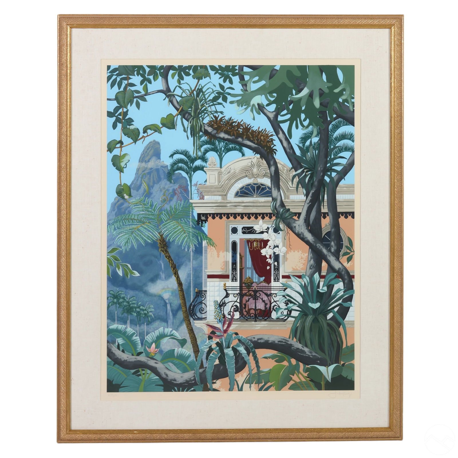 John Kiraly b.1943 LE Bianca's Window Litho SIGNED: John Kiraly (American, born 1943). A serigraph art print on paper titled "Bianca's Window on the Emerald Forest." This architectural landscape features a palatial-style building surrounded by tropical