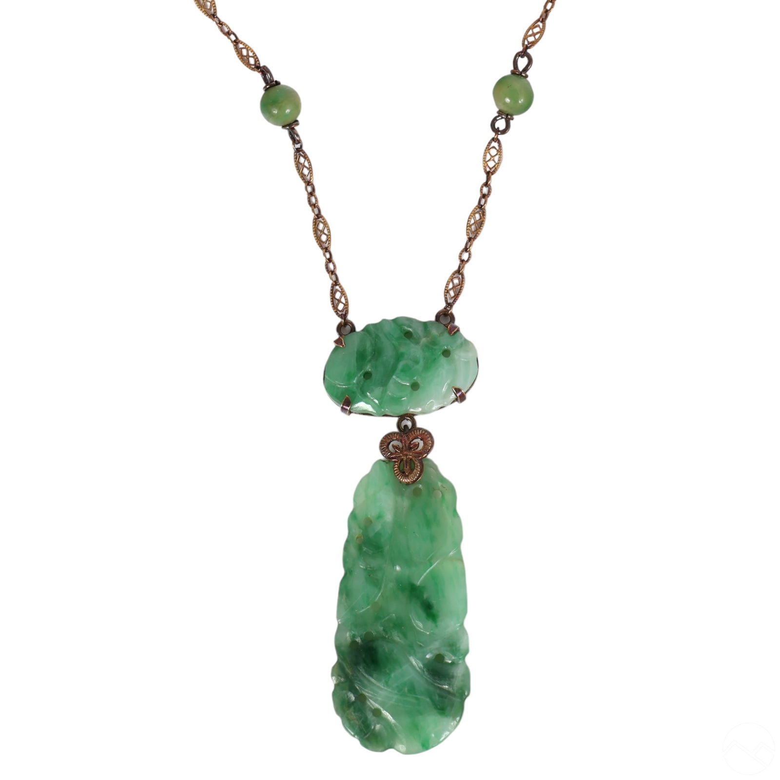 Chinese Deco 14k Gold & Carved Green Jade Necklace (1 of 5)