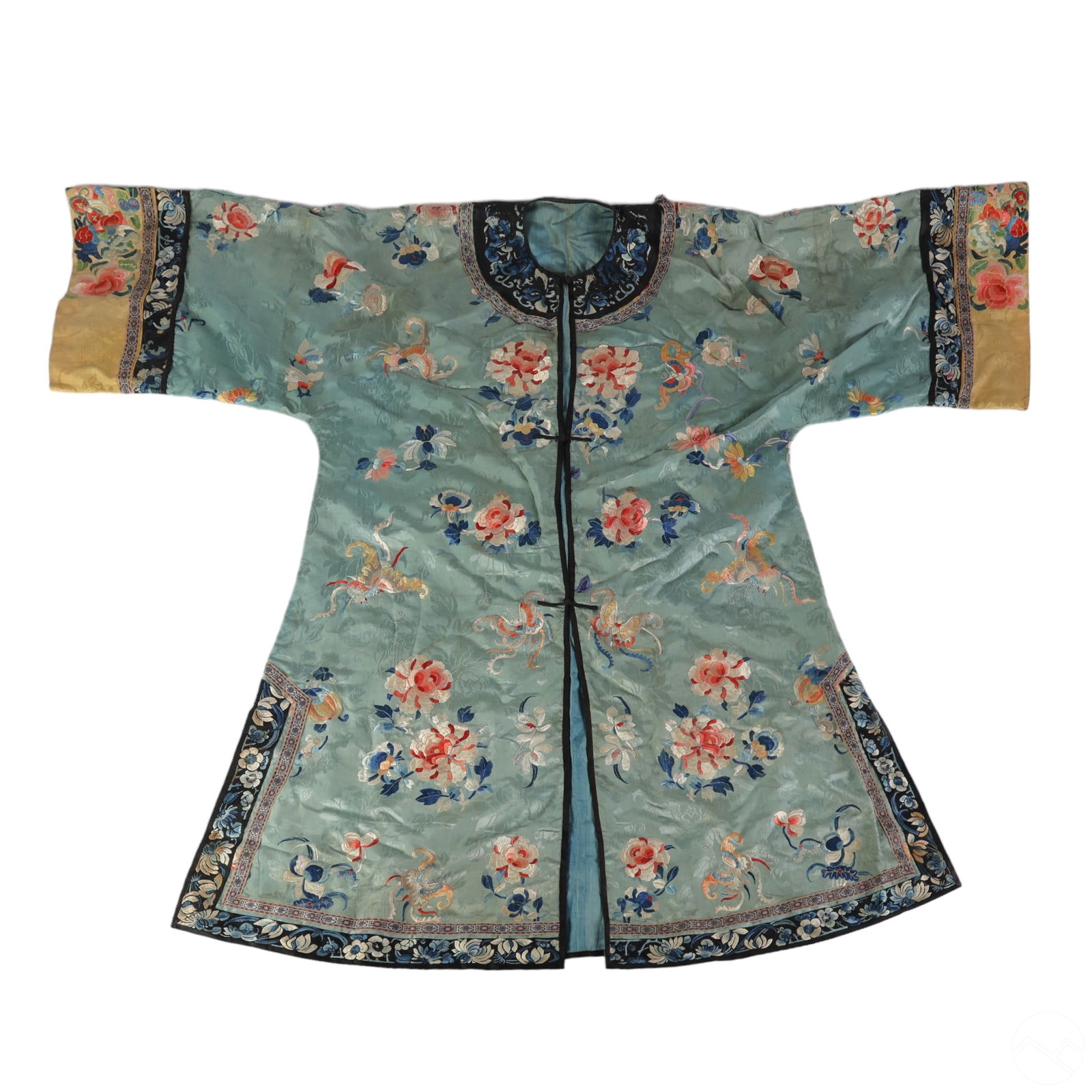 Chinese Antique Silk Botanical Embroidered Robe: This antique Chinese silk-embroidered robe showcases a soft turquoise blue ground adorned with soft pink and blue embroidered foliage and botanical designs. It features a front closure with three blac