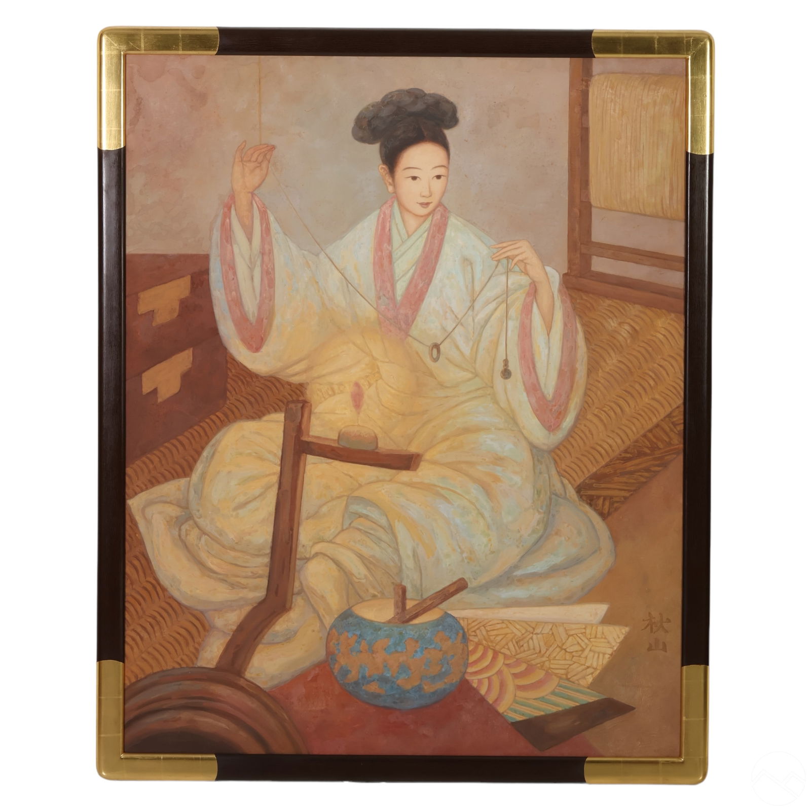 Japanese 20C Geisha Figure Tempera Painting SIGNED: An antique tempera pigment painting on canvas depicting a geisha or courtesan figure seated at a loom, surrounded by a pottery bowl and other elements. The artist's character mark signature is located