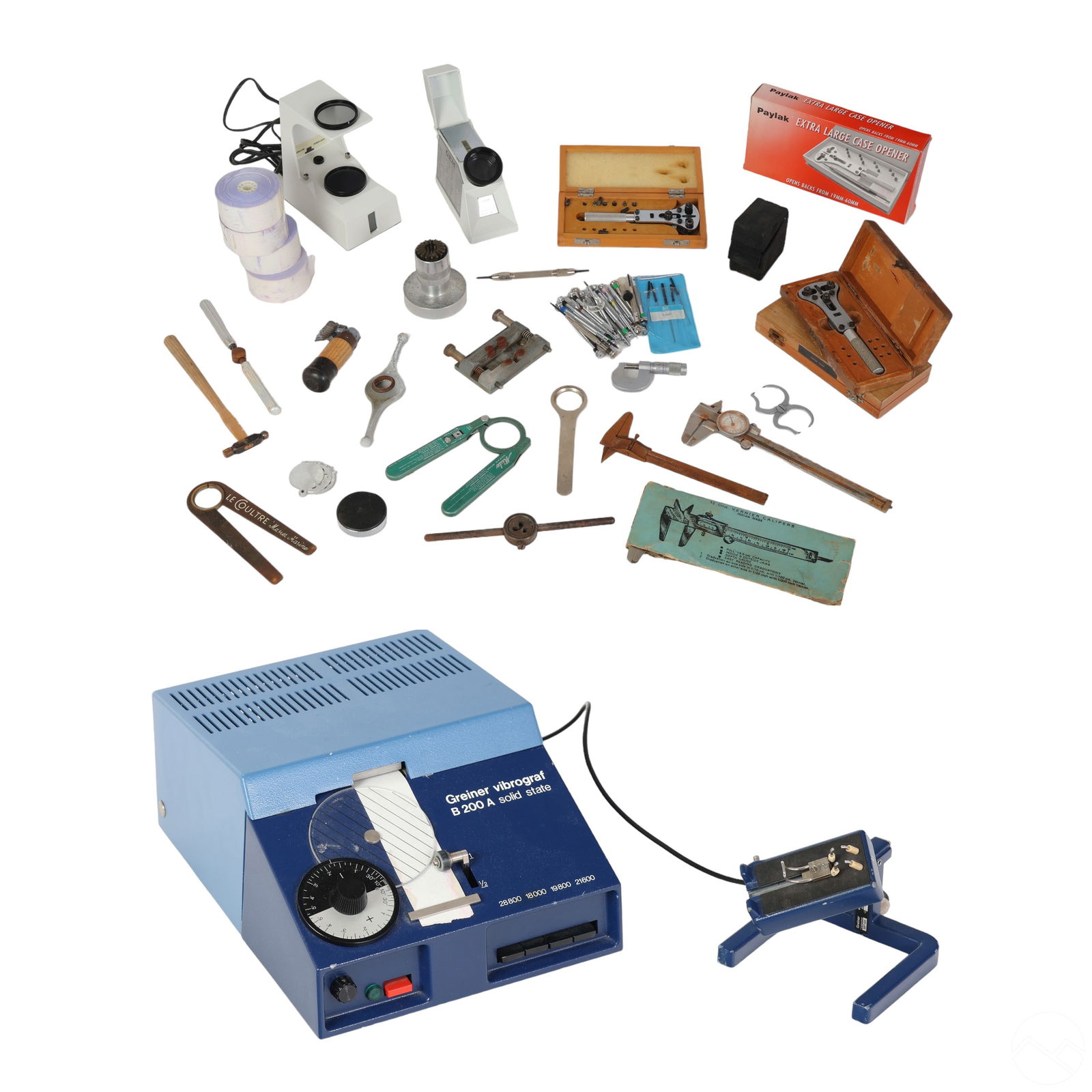 Greiner B200 Watch Timer Machine & Bench Tools LOT: A Greiner Vibrograf vintage watch timing machine and wristwatch accessory estate lot. It includes an authentic Greiner Vibrograf B200 timing machine designed for testing mechanical, electromechanical,