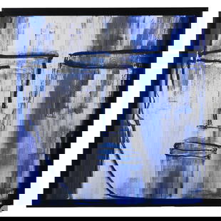 Luigi Benzoni B.1956 Abstract Buddha Face Painting: Luigi Benzoni (Italian, born 1956). An acrylic painting on canvas depicting an abstract face in a palette of blue, white, and black. The painting is in the manner of Benzoni, as there is no apparent a