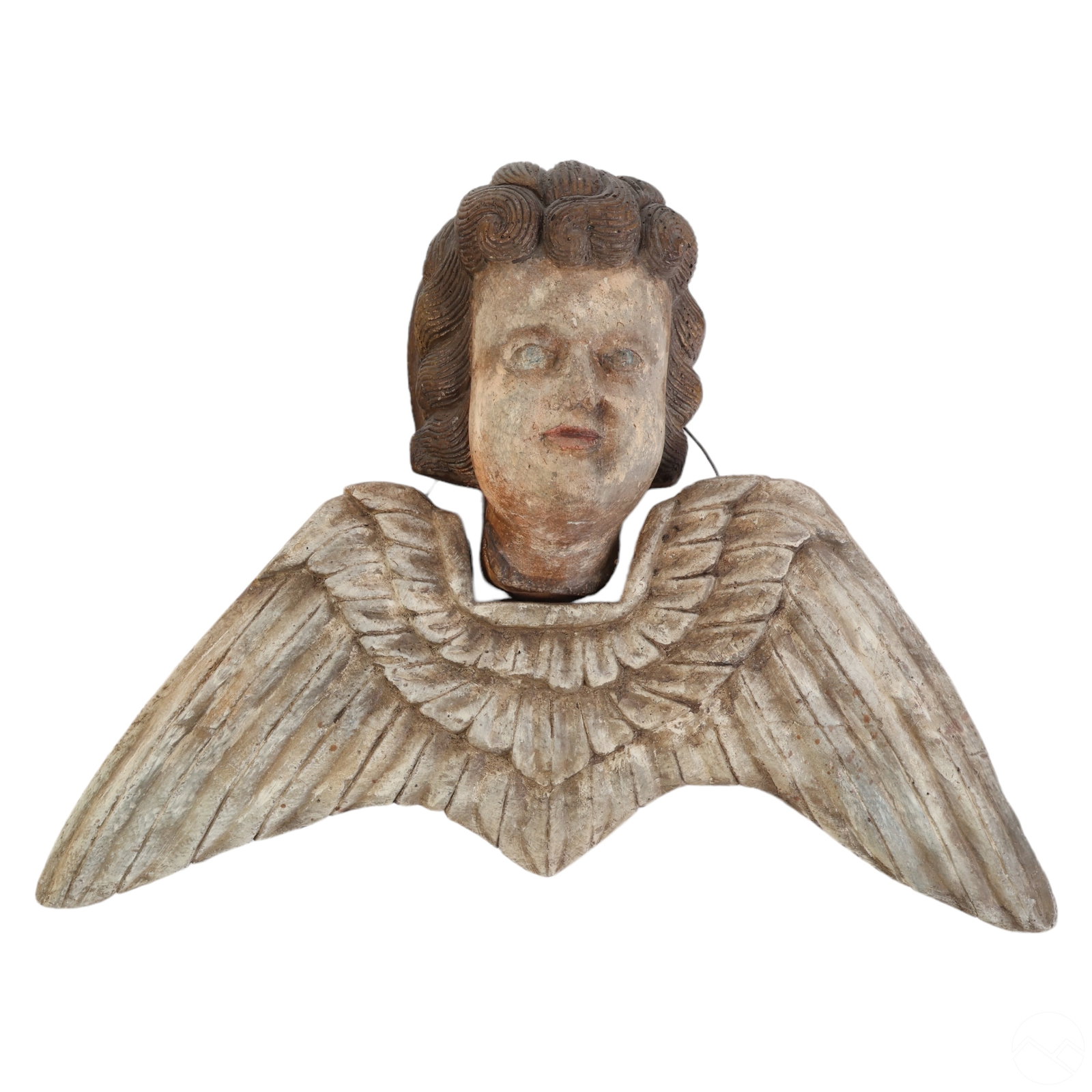 Italian 19C Terracotta Putti Angel Wall Sculpture: This Italian antique 19th-century terracotta art pottery wall statue is a beautifully crafted religious architectural piece in two parts. The work depicts a winged putti angel with a large Medieval Re