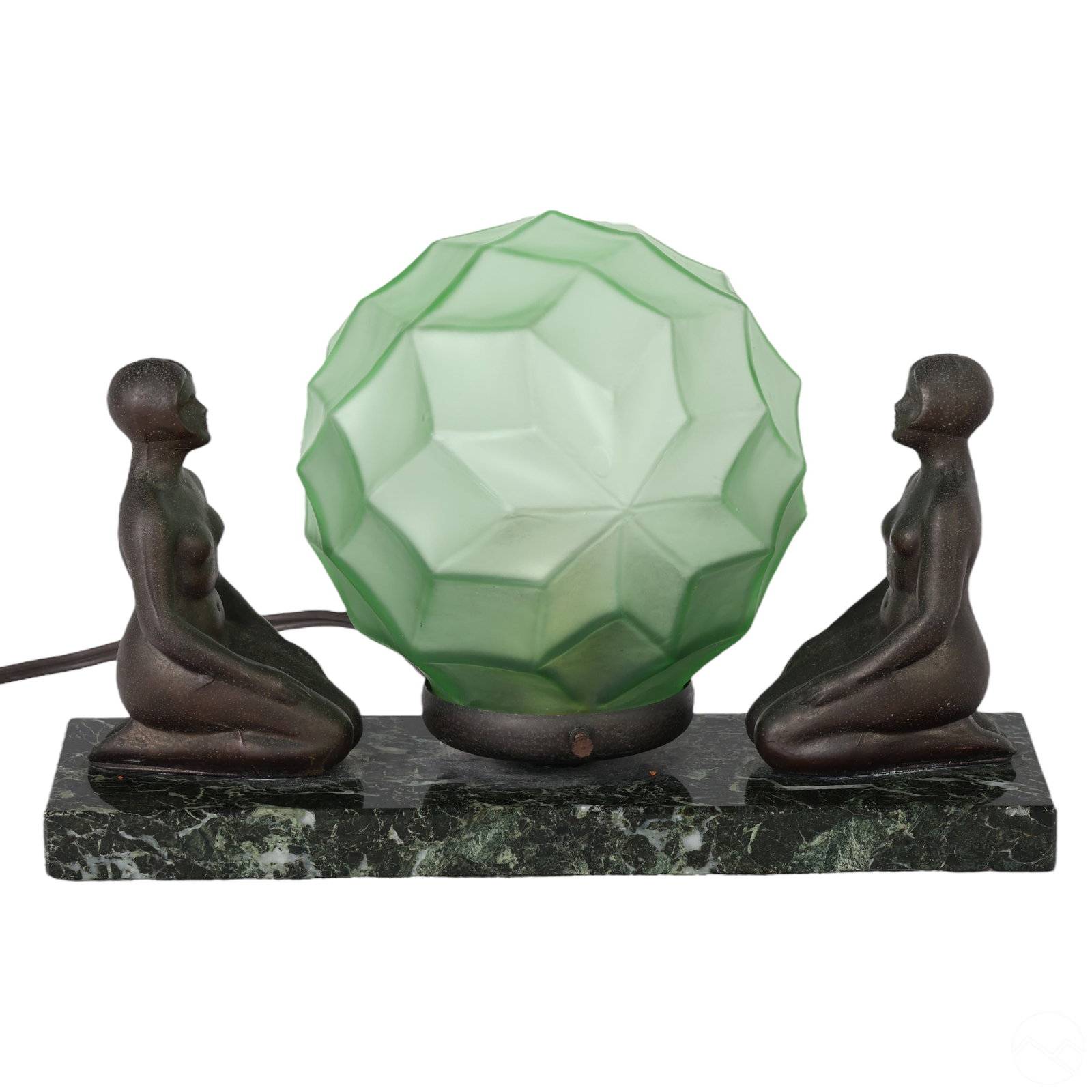 Frankart Style Art Deco Figural Nude Table Lamp: An antique double nude lamp featuring an Art Deco design in the manner of Frankart. This elegant lamp showcases a central frosted green faceted glass globe lampshade, flanked by bronzed metal kneeling